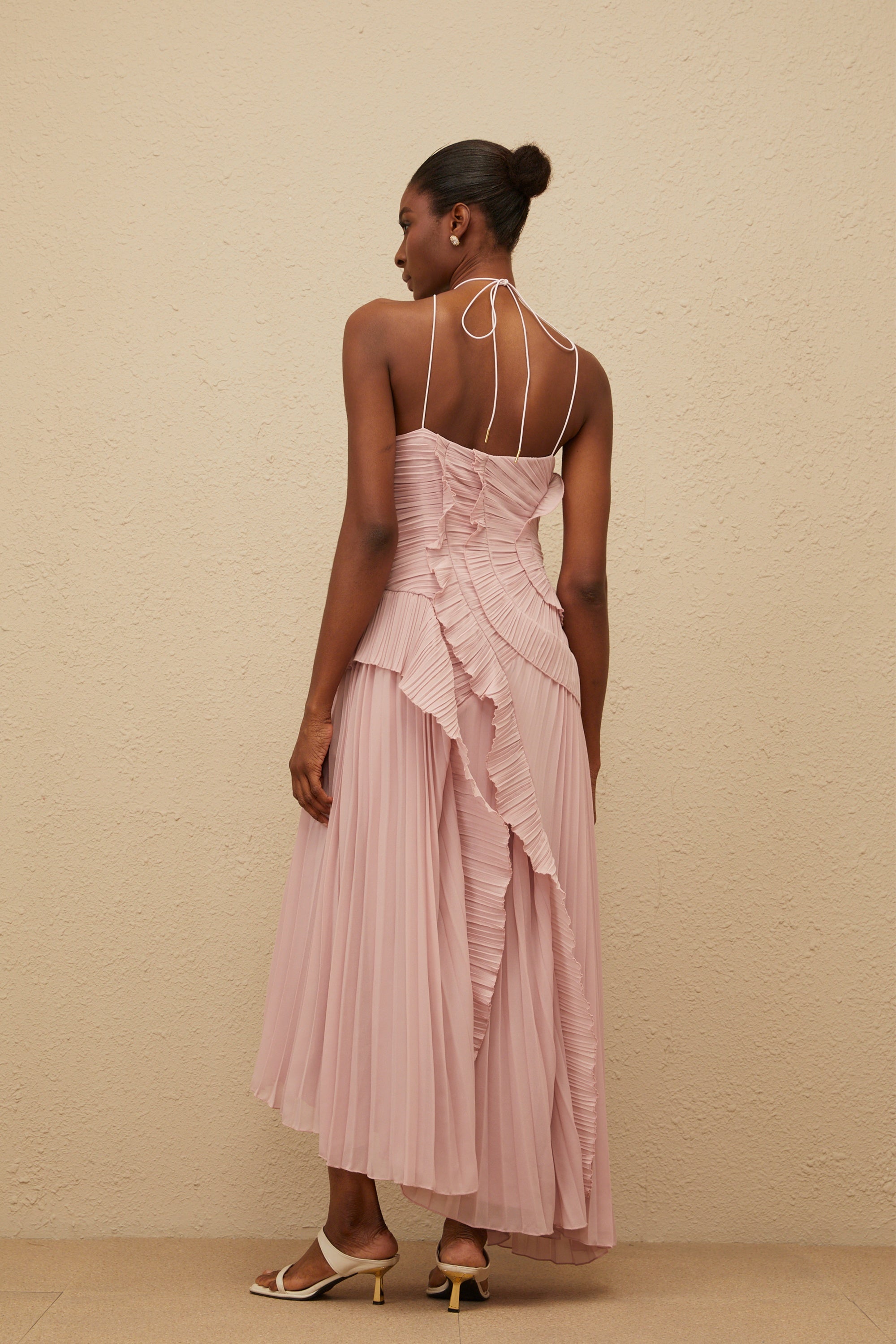 Doux Pink Ruffled Trim Pleated Midi Dress