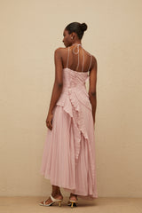 Doux Pink Ruffled Trim Pleated Midi Dress