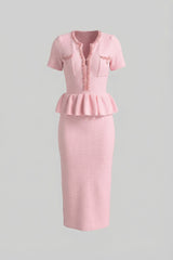 Textured Knit Midi Dress with Peplum Waist Detail Baby Pink
