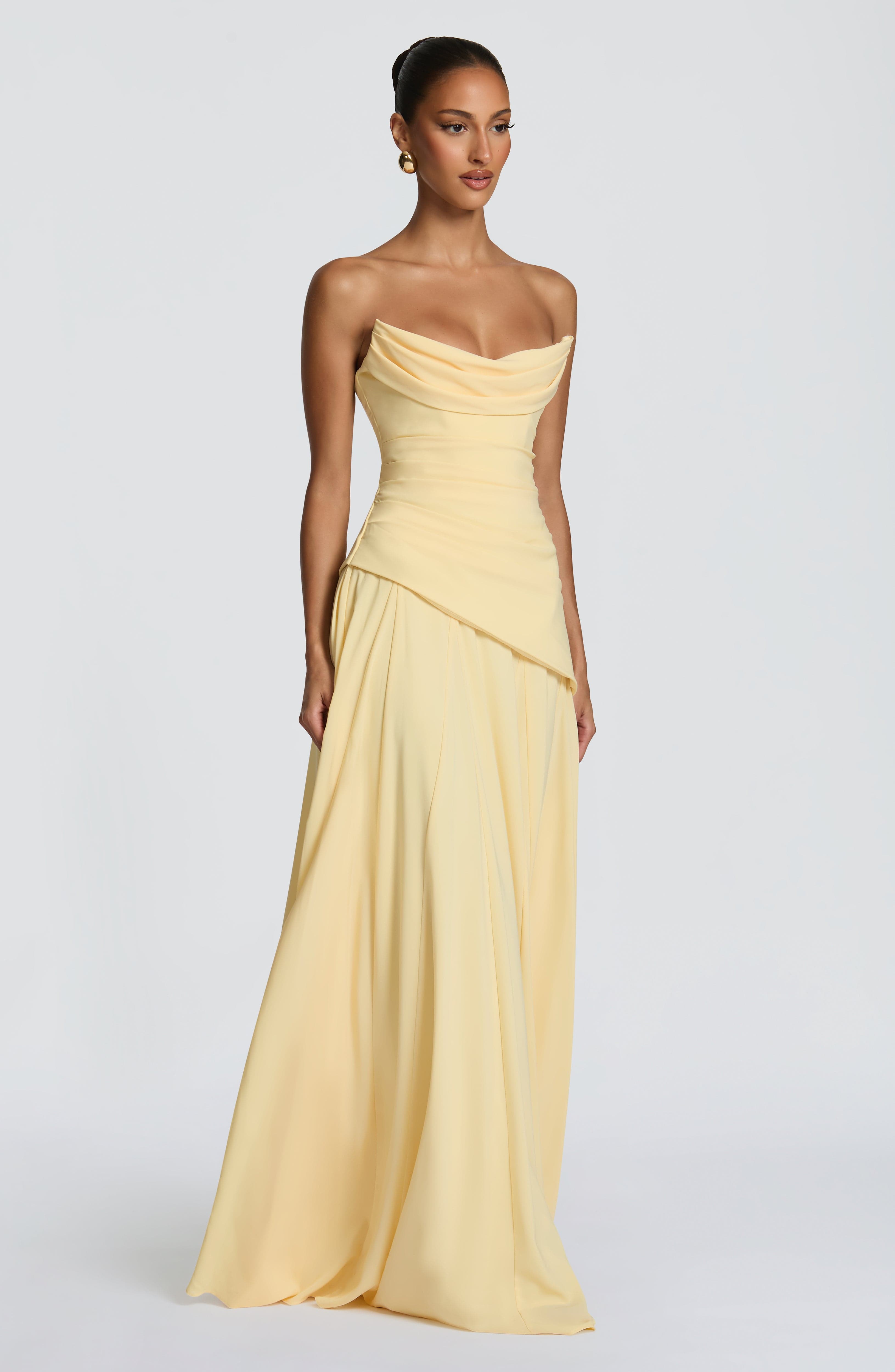Patricia Pleated Corset Maxi Wedding Guest Dress - Lemon