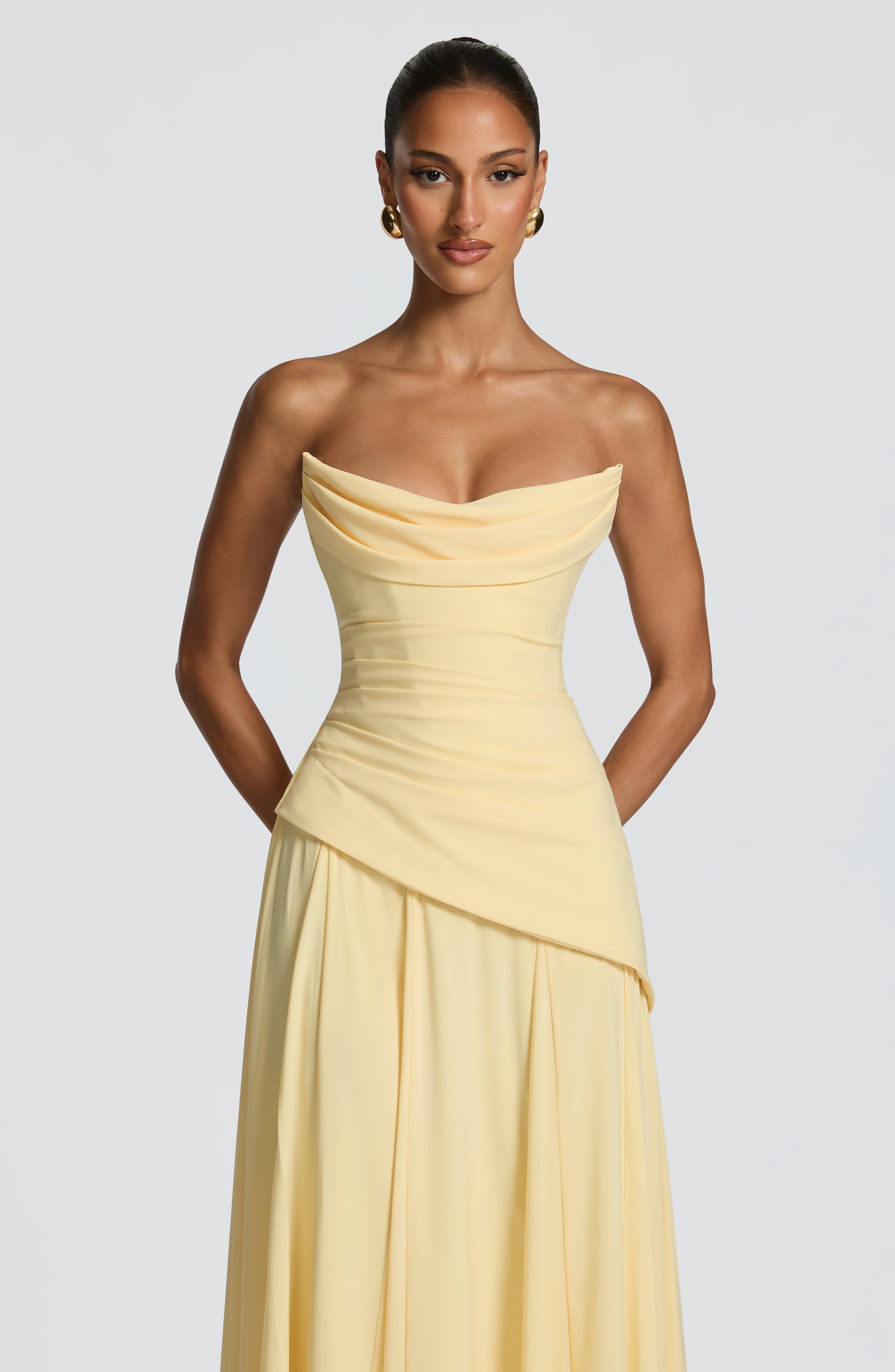 Patricia Pleated Corset Maxi Wedding Guest Dress - Lemon