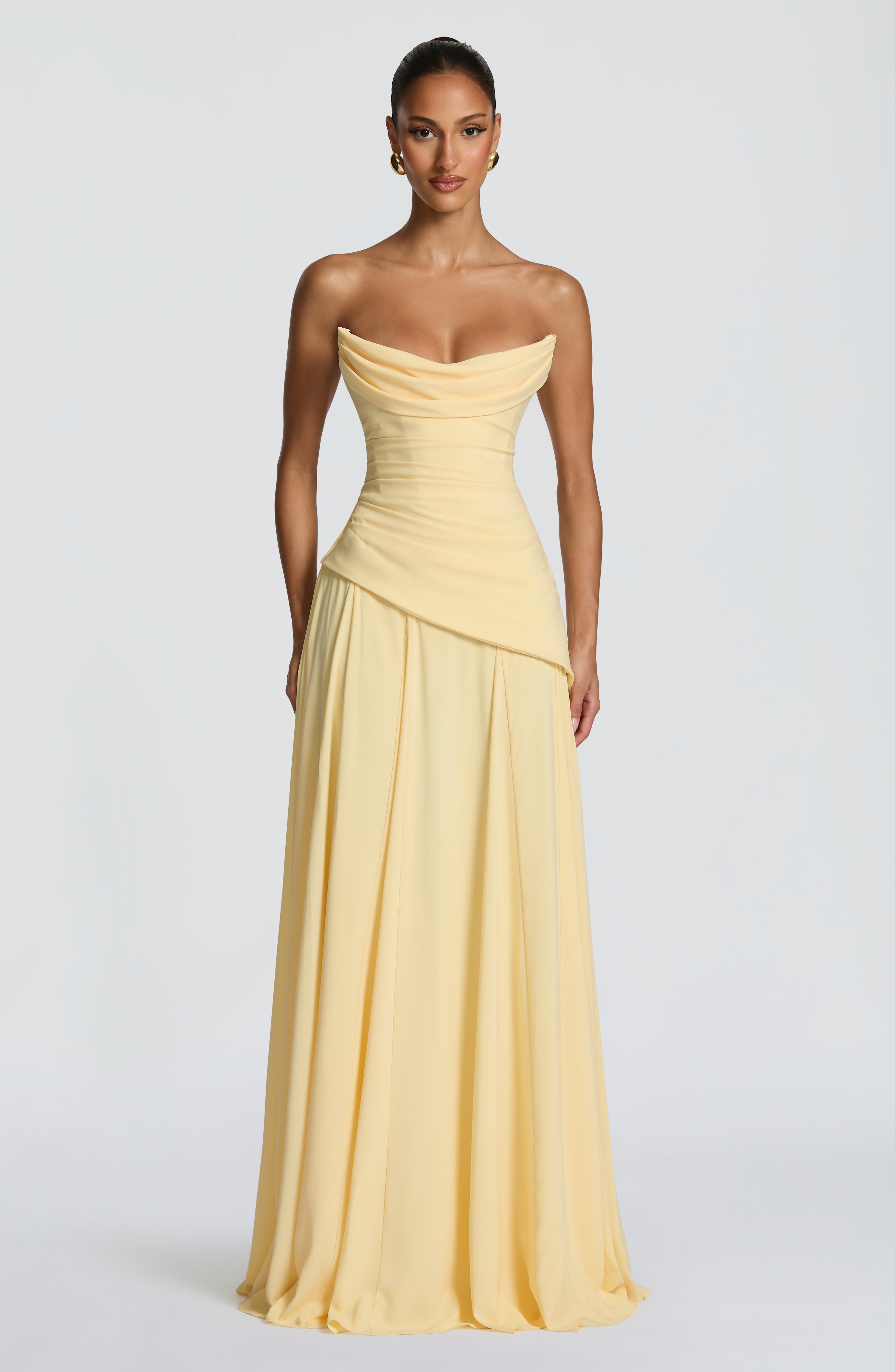 Patricia Pleated Corset Maxi Wedding Guest Dress - Lemon