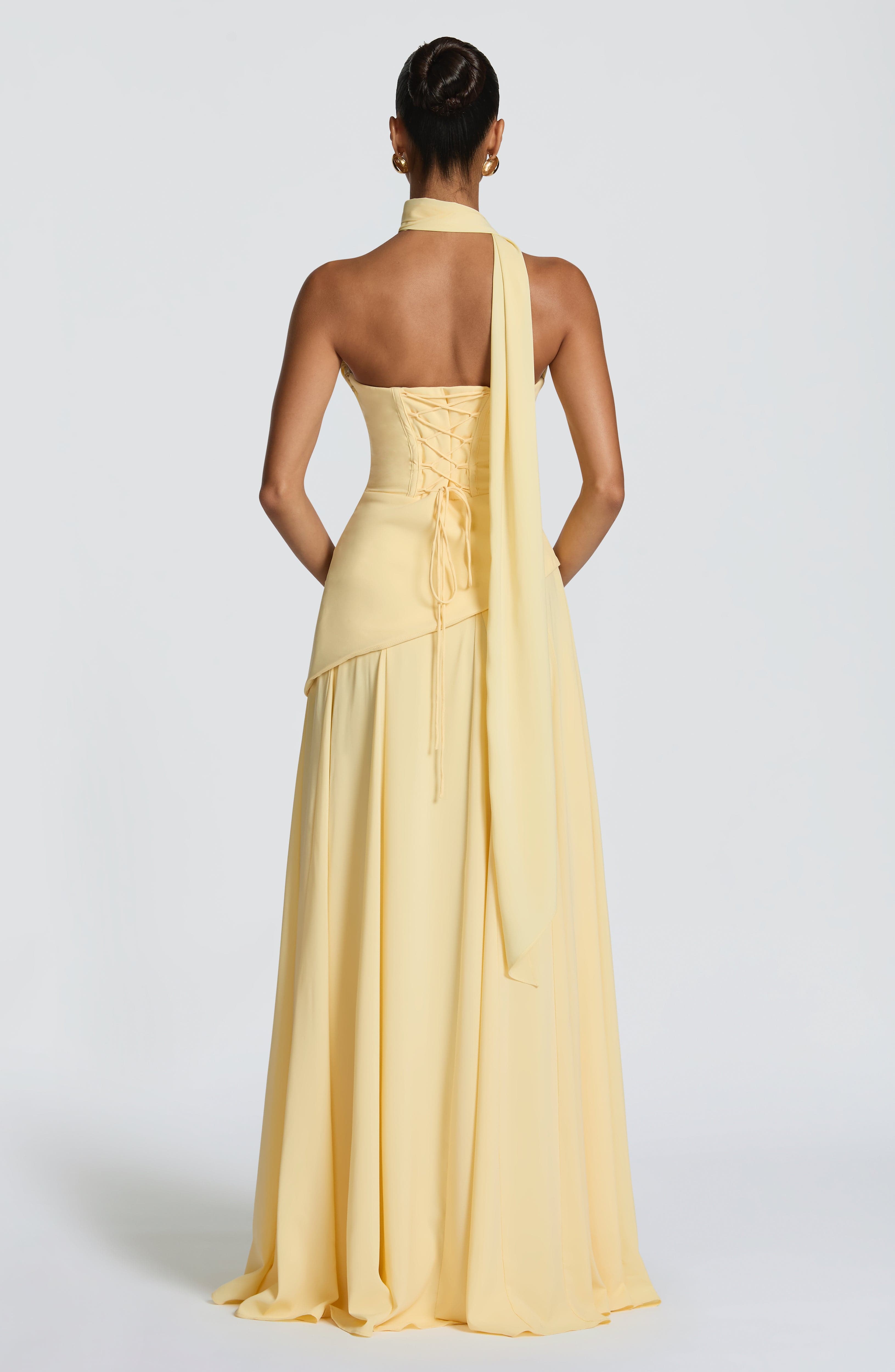 Patricia Pleated Corset Maxi Wedding Guest Dress - Lemon