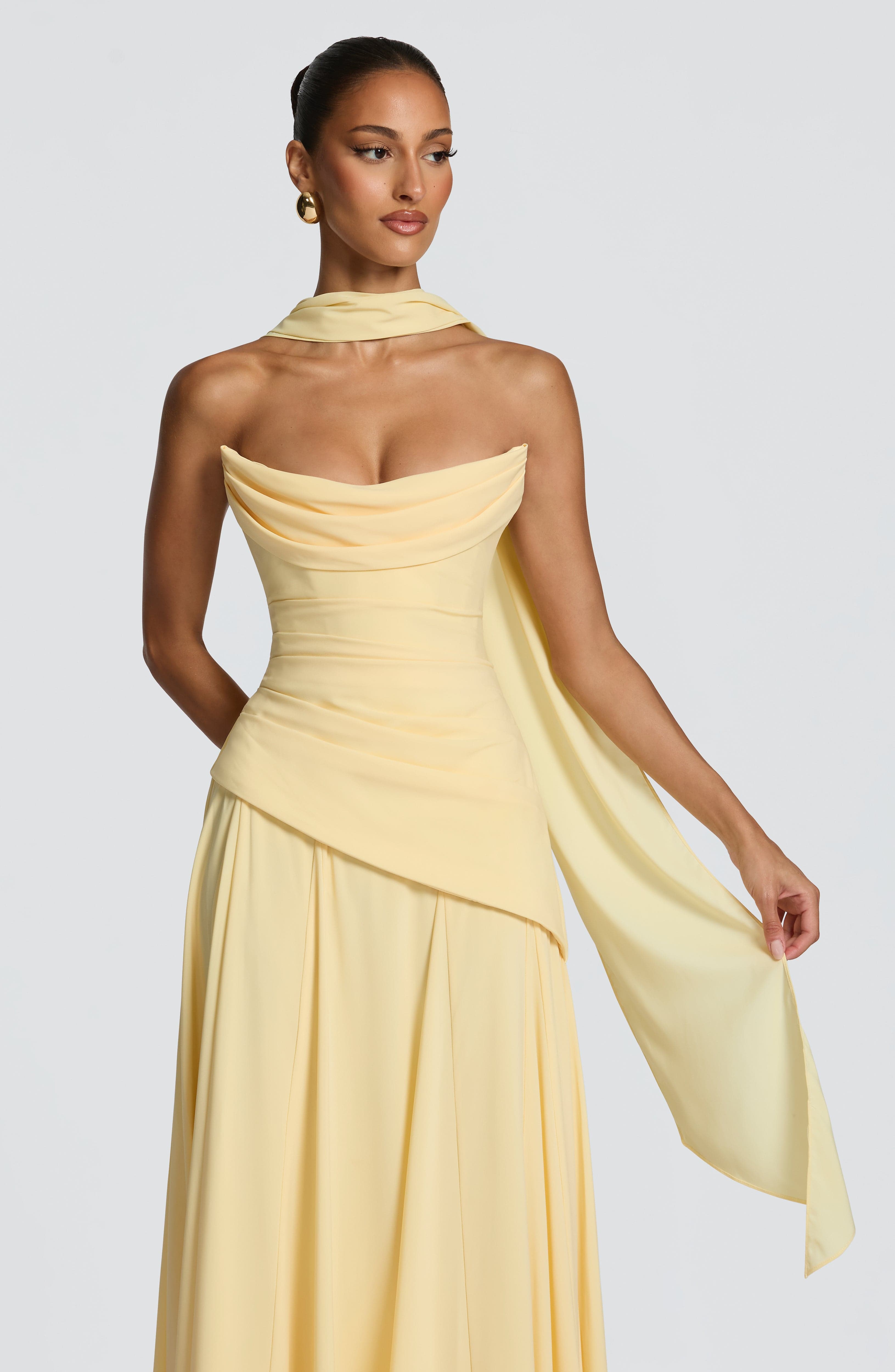 Patricia Pleated Corset Maxi Wedding Guest Dress - Lemon