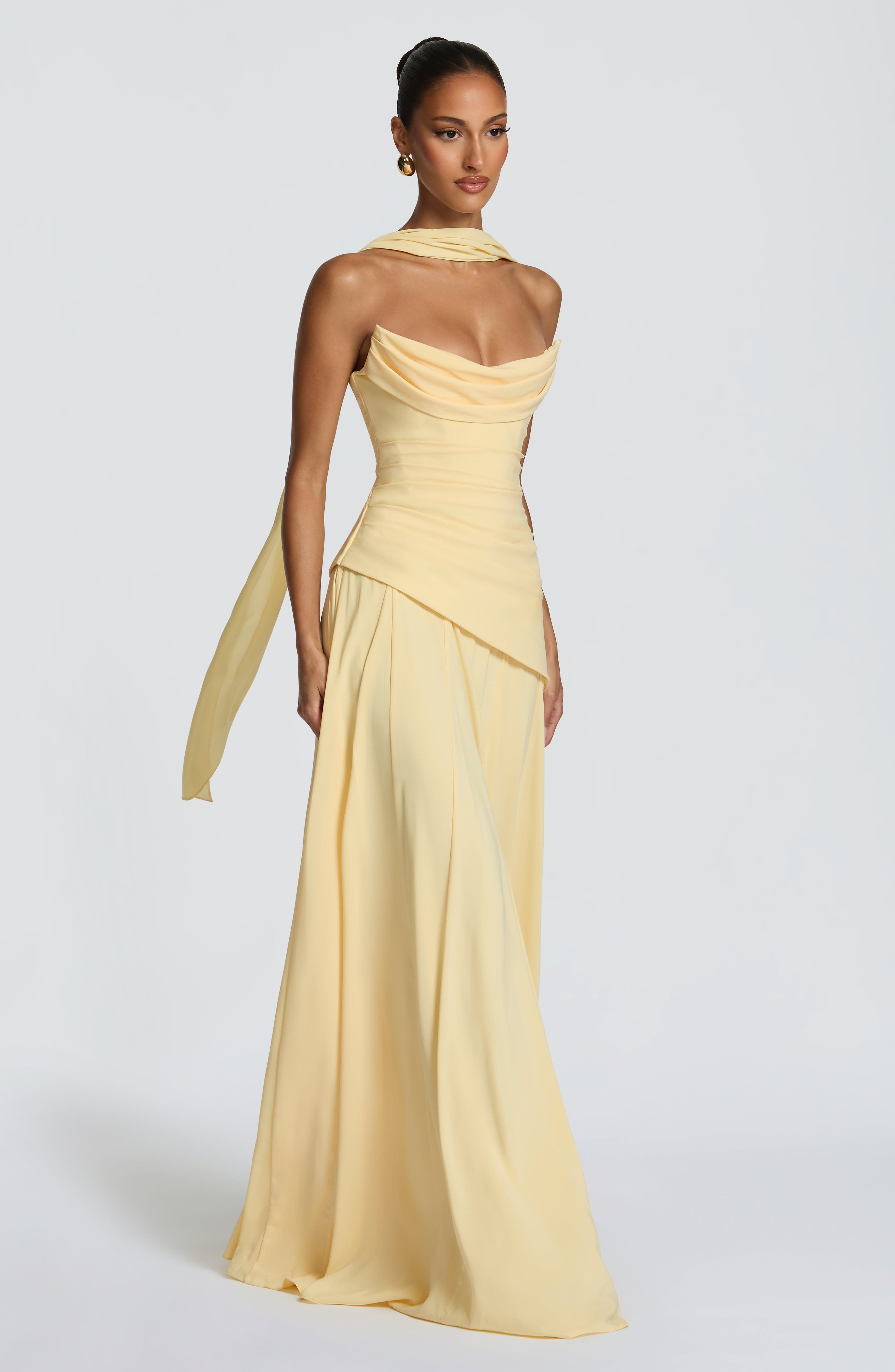 Patricia Pleated Corset Maxi Wedding Guest Dress - Lemon