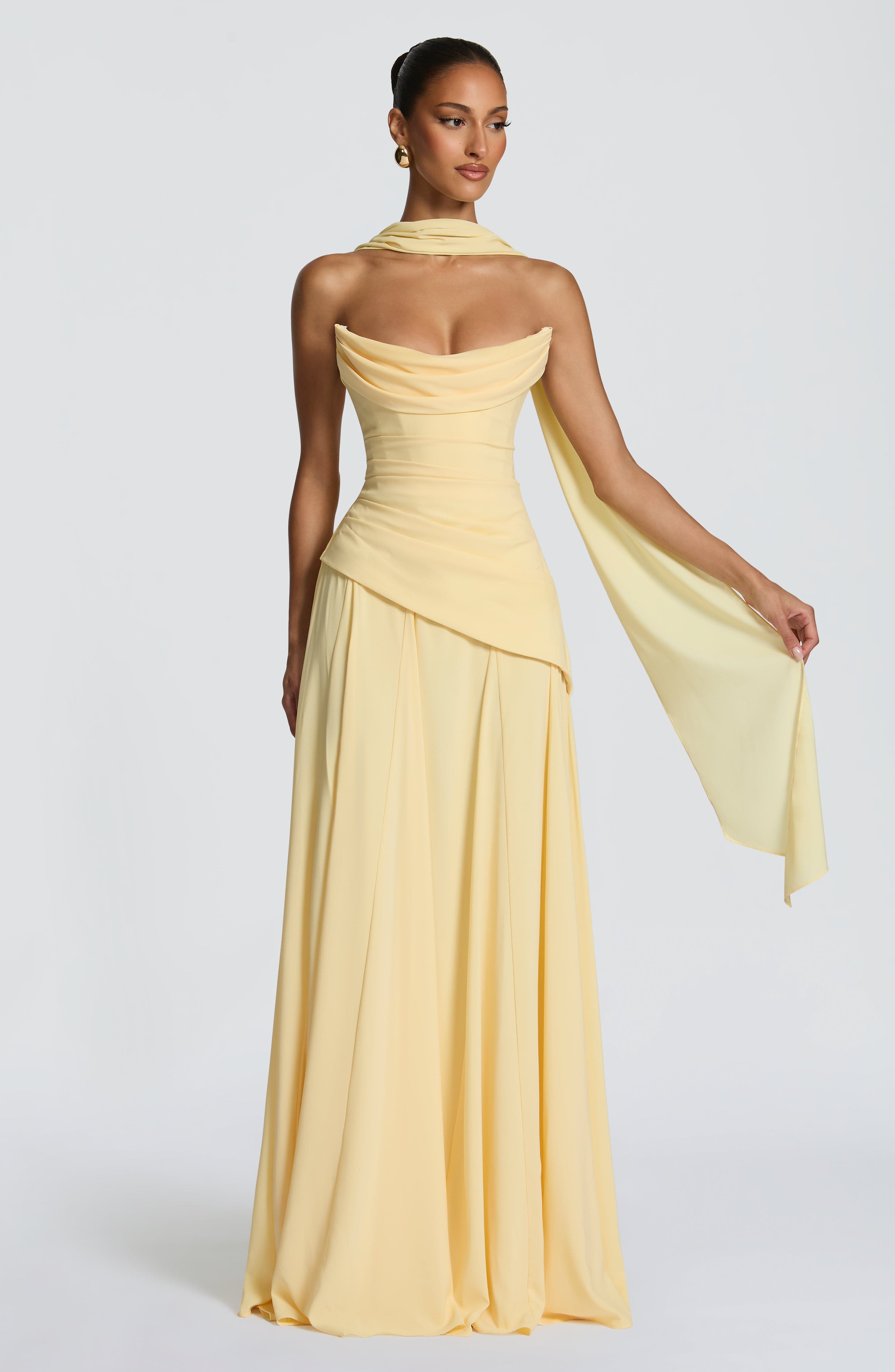Patricia Pleated Corset Maxi Wedding Guest Dress - Lemon