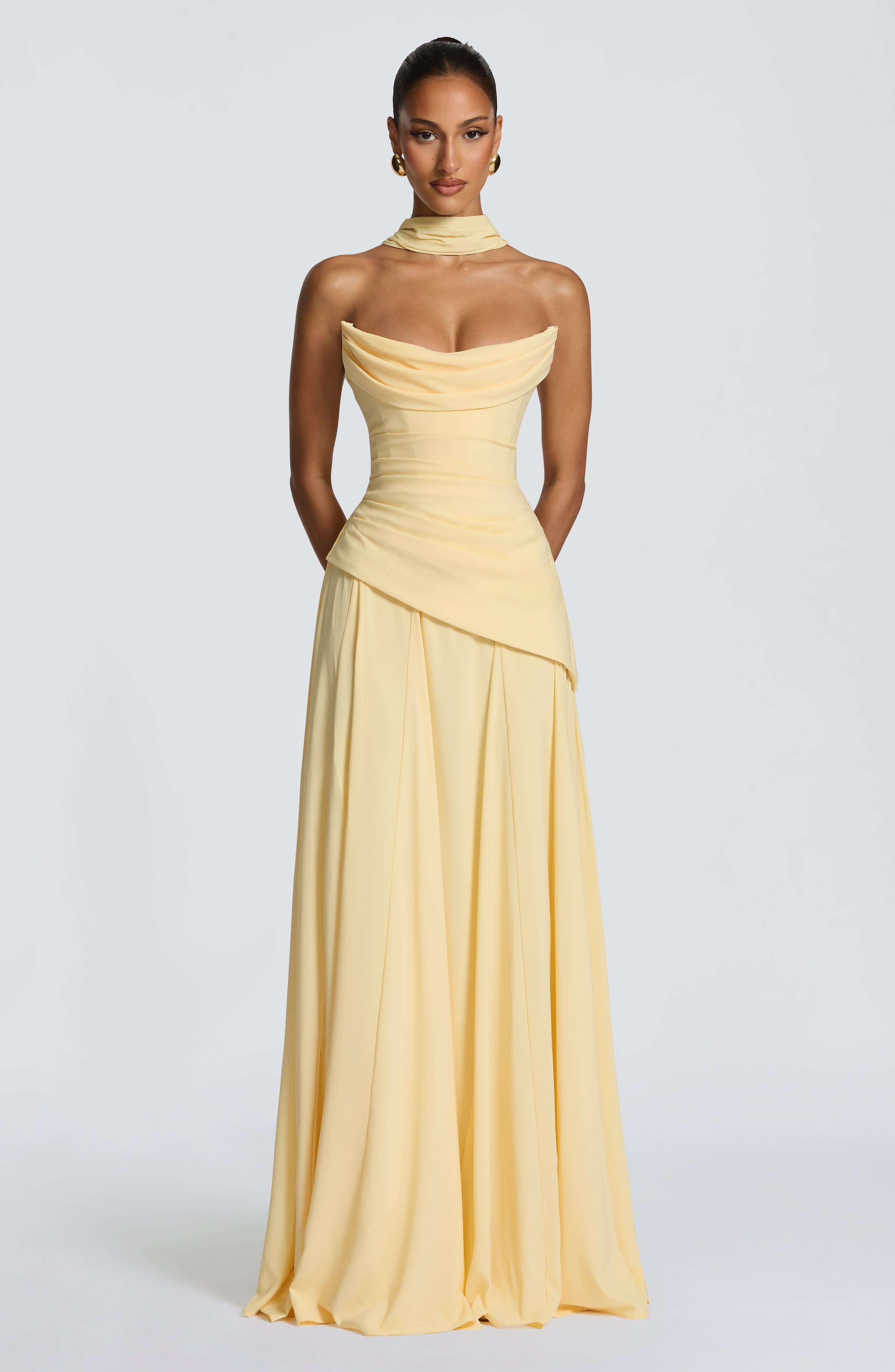 Patricia Pleated Corset Maxi Wedding Guest Dress - Lemon