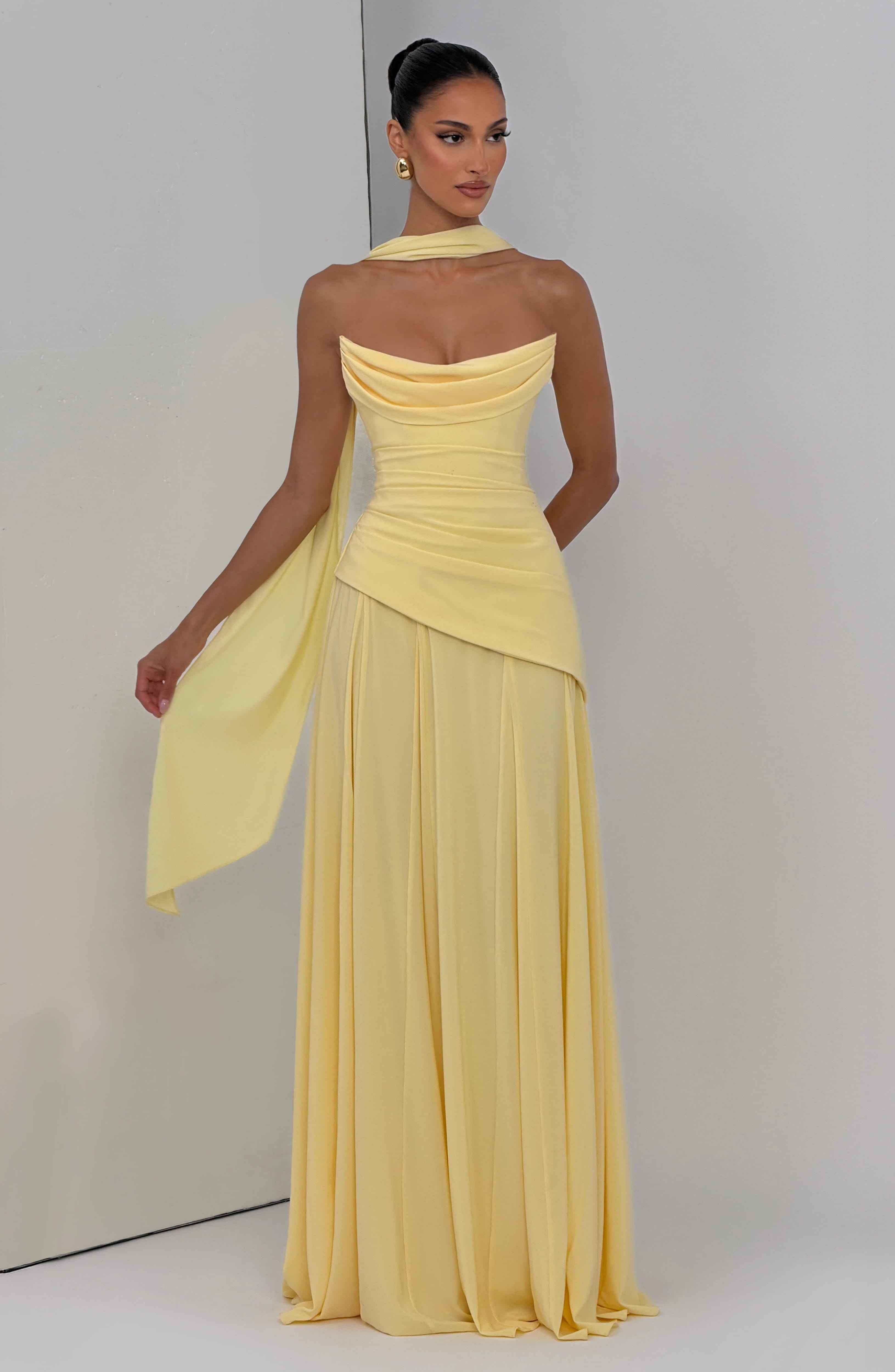 Patricia Pleated Corset Maxi Wedding Guest Dress - Lemon