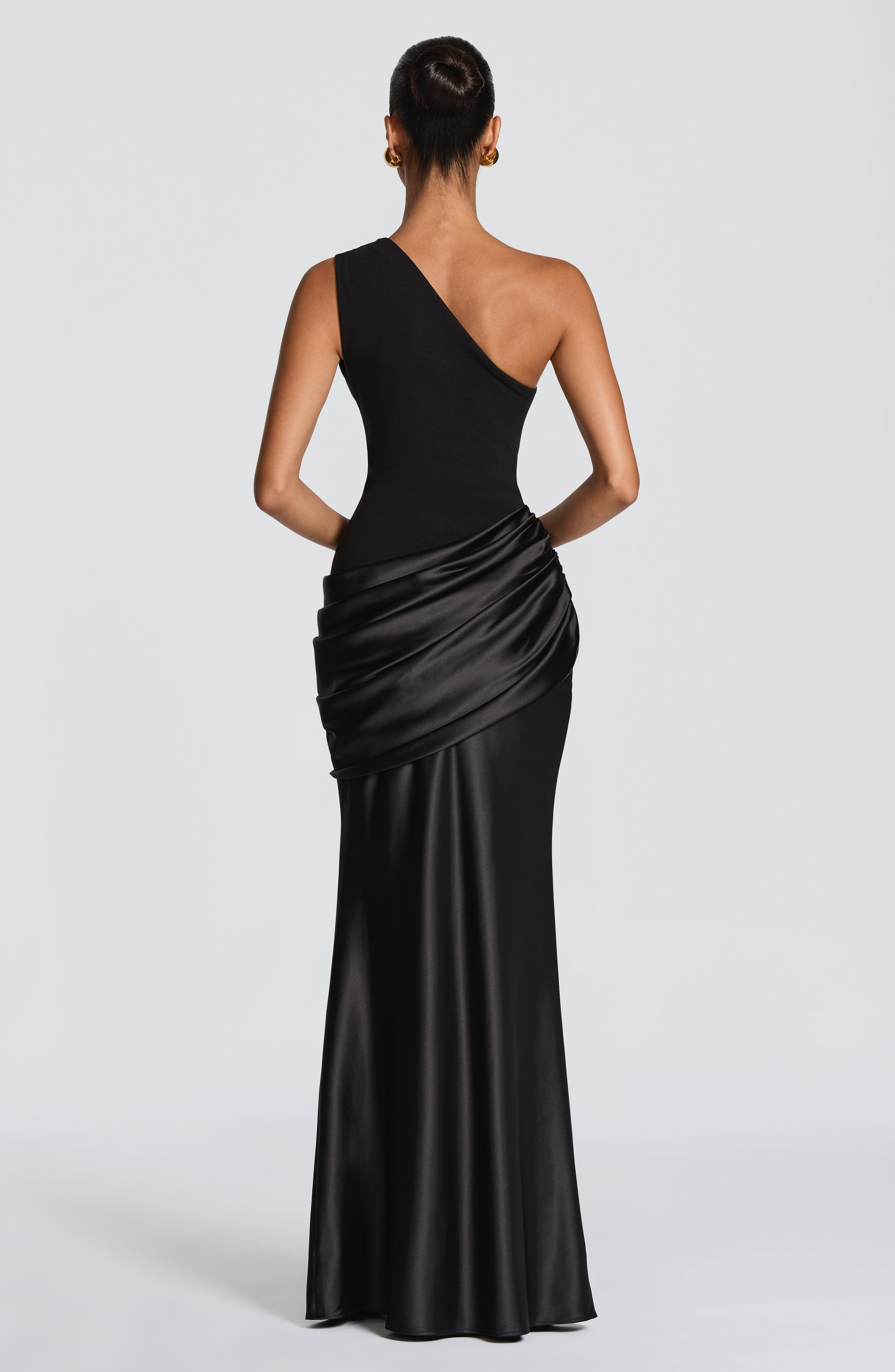 Sadona Maxi Dress - Black Satin One Shoulder