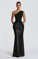Sadona Maxi Dress - Black Satin One Shoulder