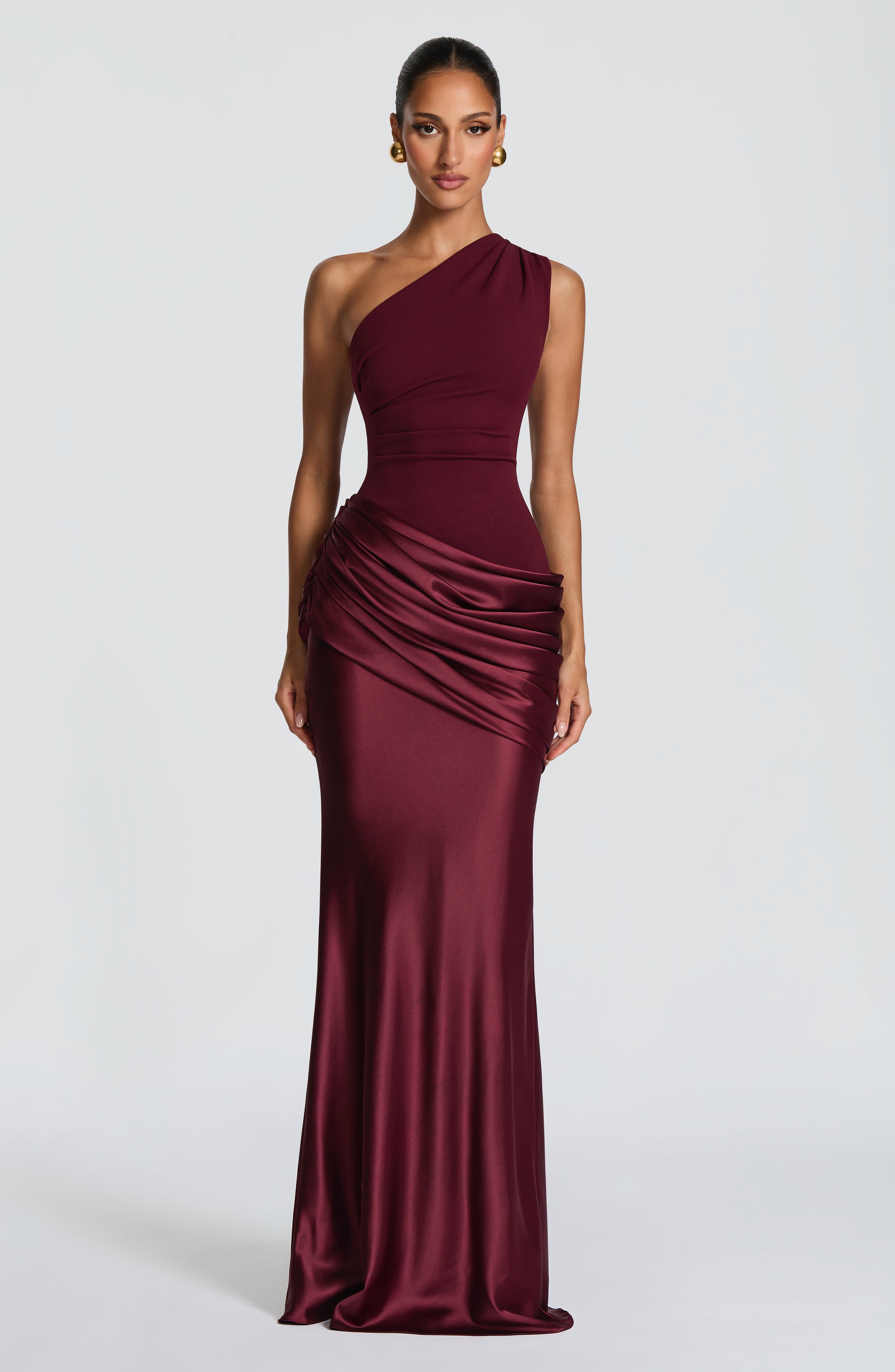 Sadona Maxi Dress - Cherry Lacquer Satin One-Shoulder