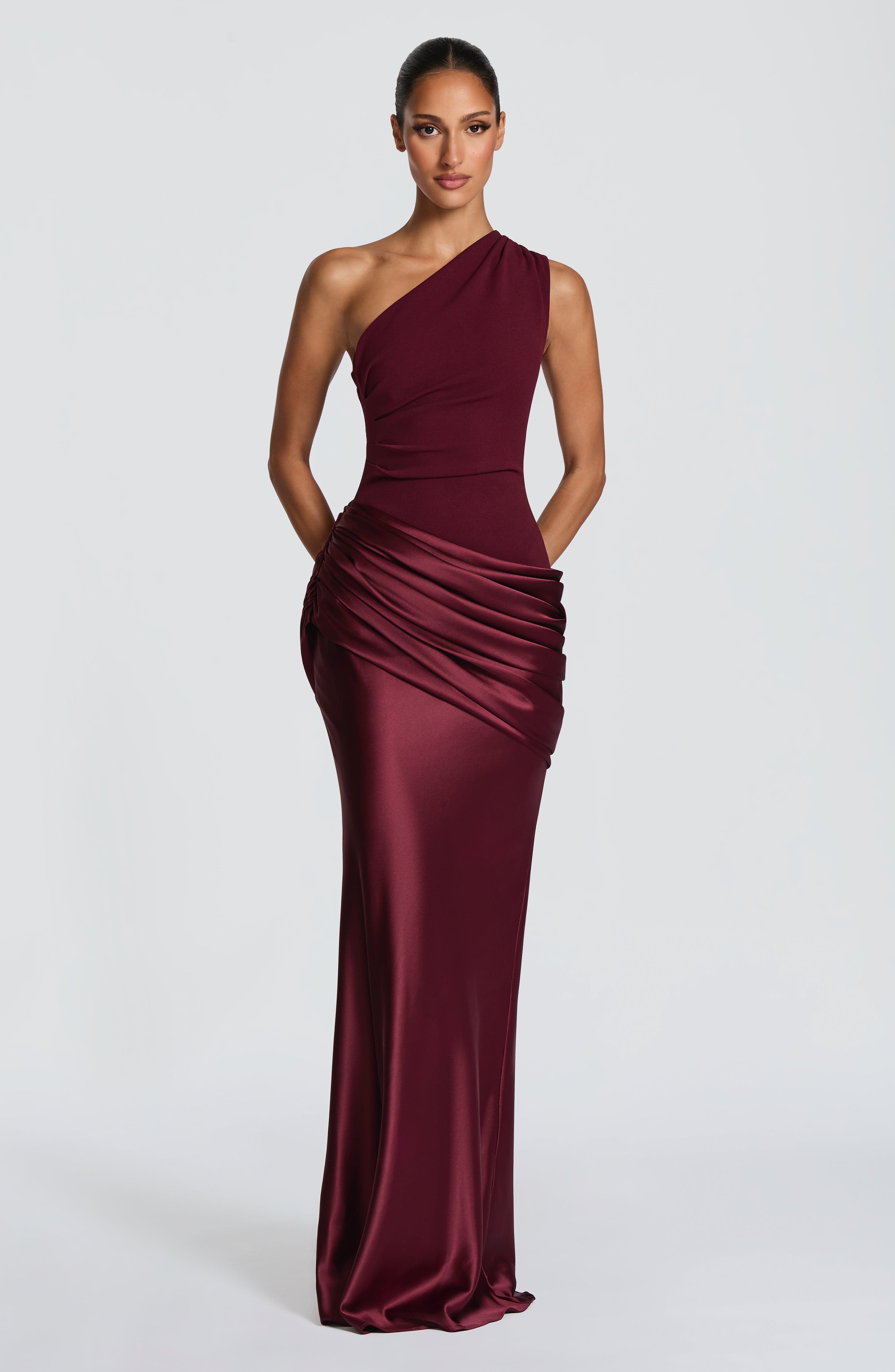 Sadona Maxi Dress - Cherry Lacquer Satin One-Shoulder