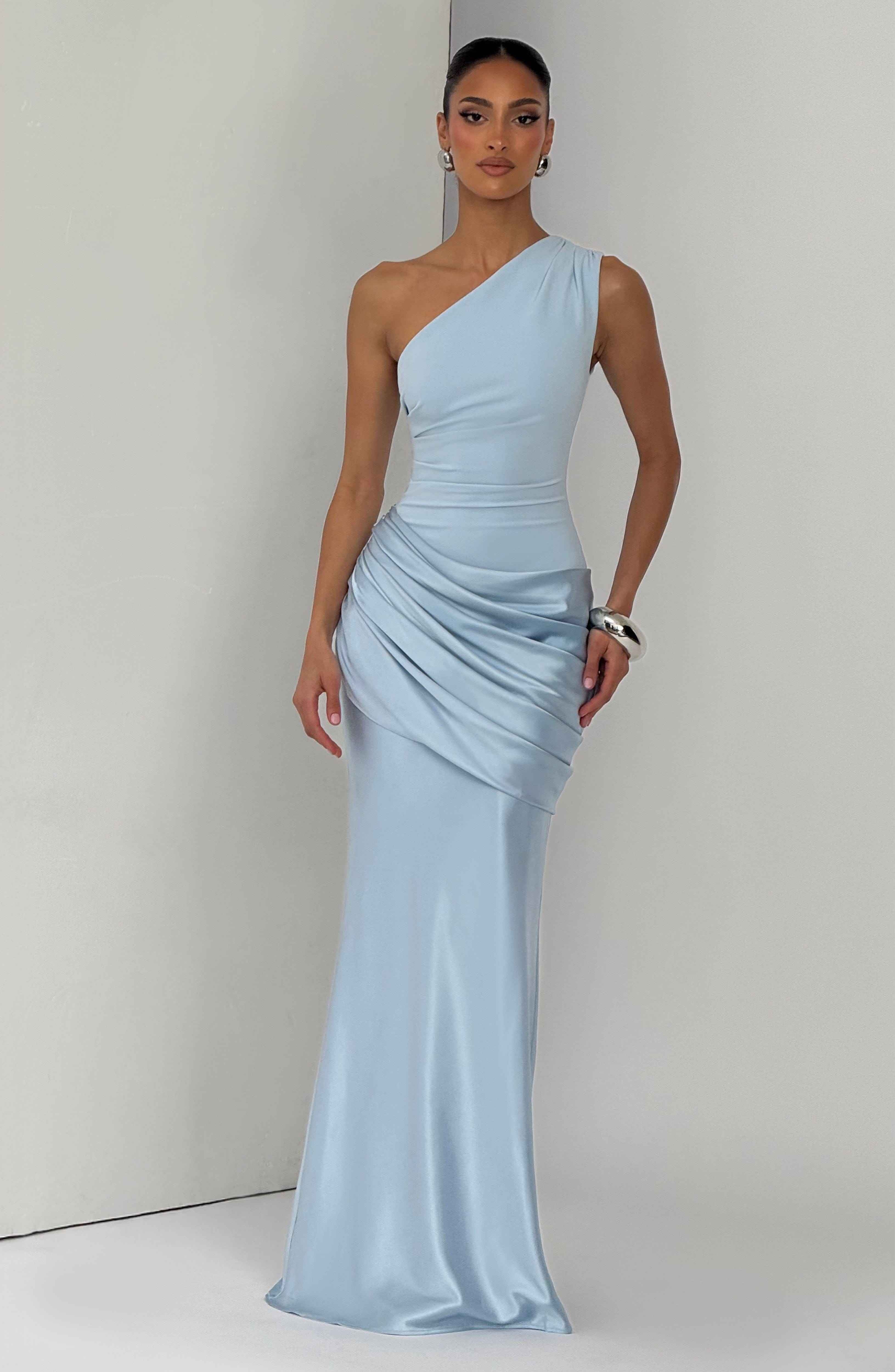 Sadona Maxi Dress - Glacier Blue Satin One-Shoulder