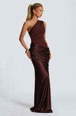Sadona Maxi Dress - Plum Brown Satin One-Shoulder