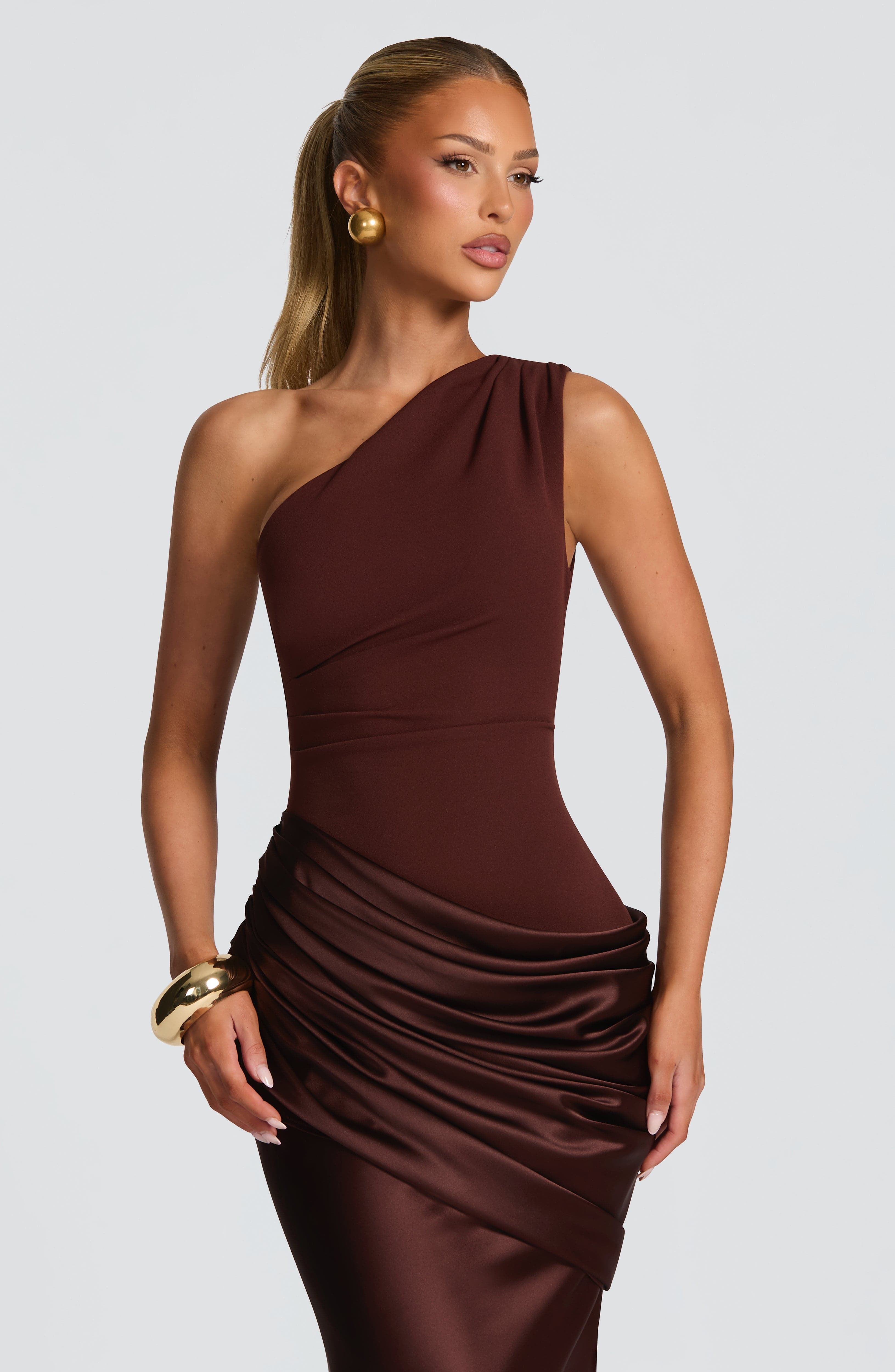Sadona Maxi Dress - Plum Brown Satin One-Shoulder