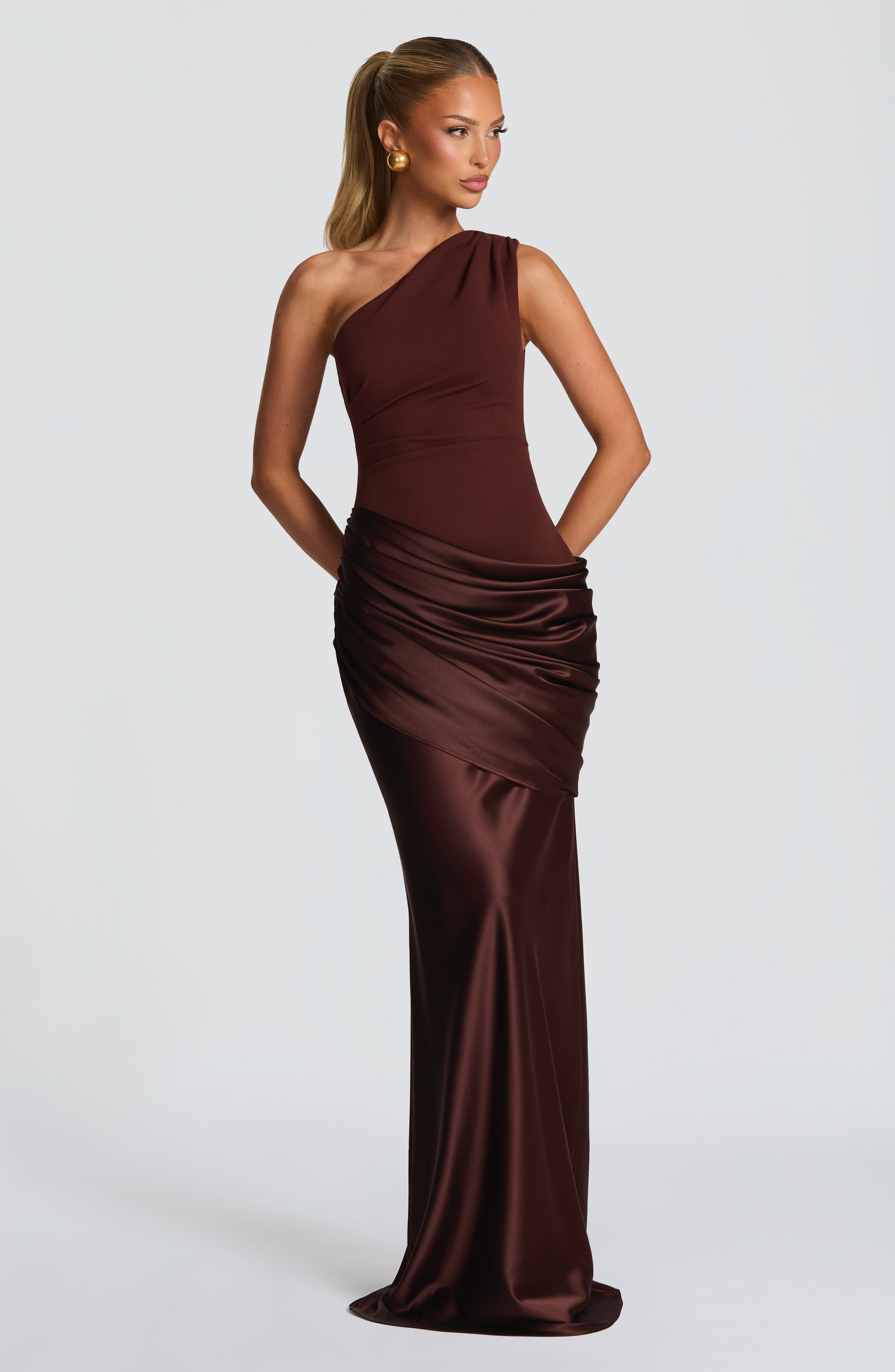Sadona Maxi Dress - Plum Brown Satin One-Shoulder