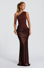 Sadona Maxi Dress - Plum Brown Satin One-Shoulder