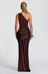 Sadona Maxi Dress - Plum Brown Satin One-Shoulder