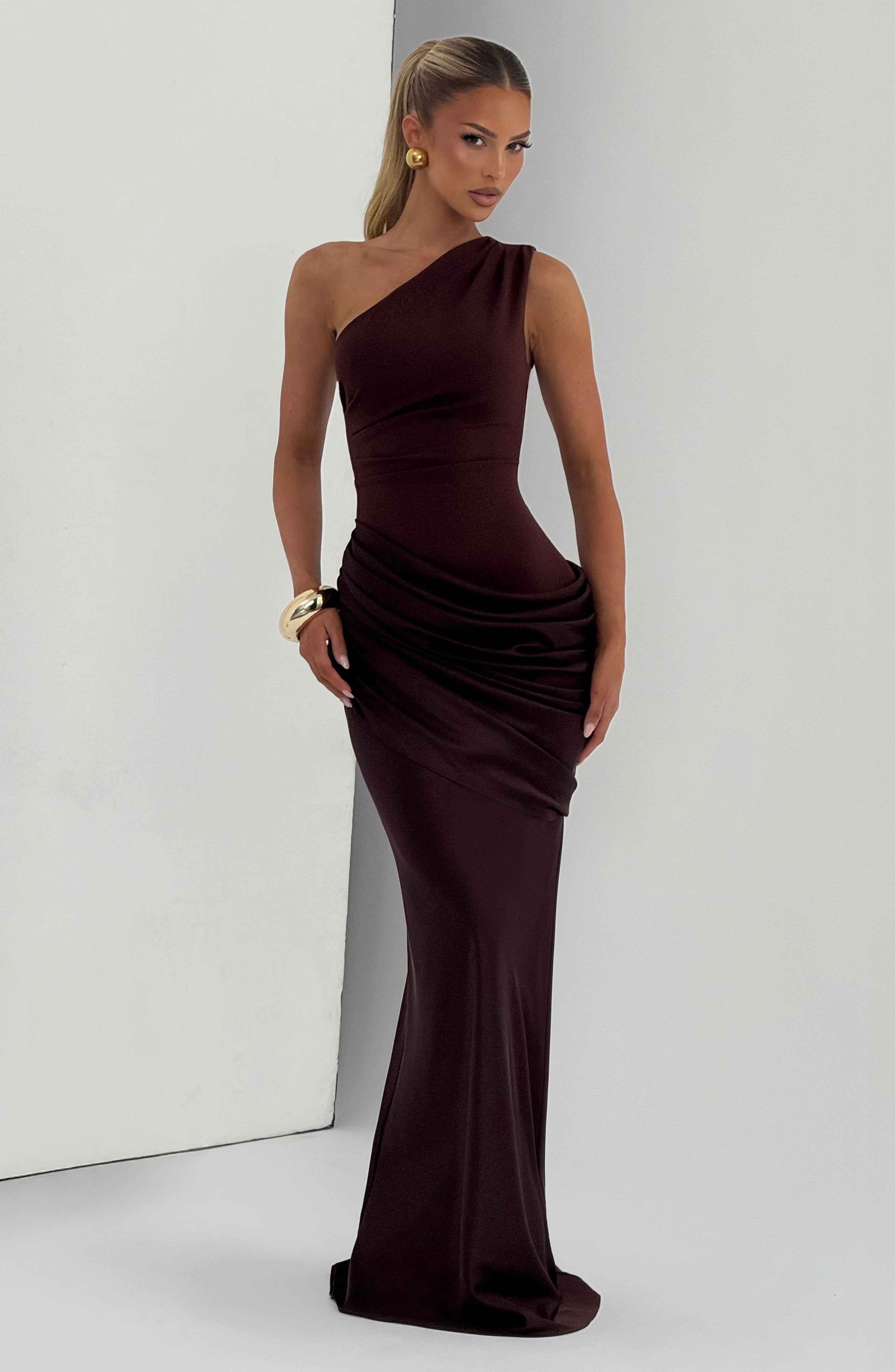 Sadona Maxi Dress - Plum Brown Satin One-Shoulder