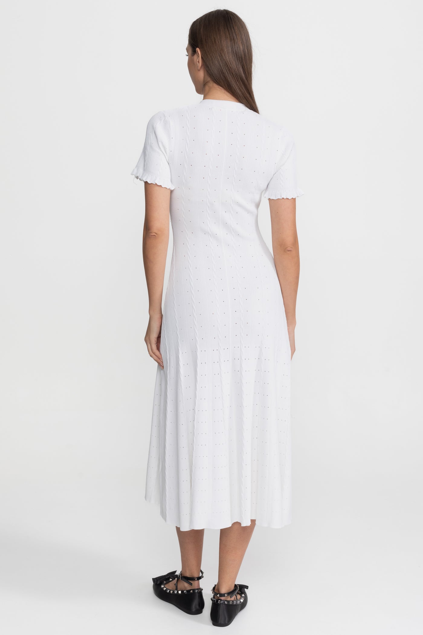 Knit Button-Front Midi Dress with Scalloped Sleeves White