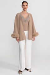 Knit Two Piece Set With Crystal Embellishments And Trim Cuffs - Beige