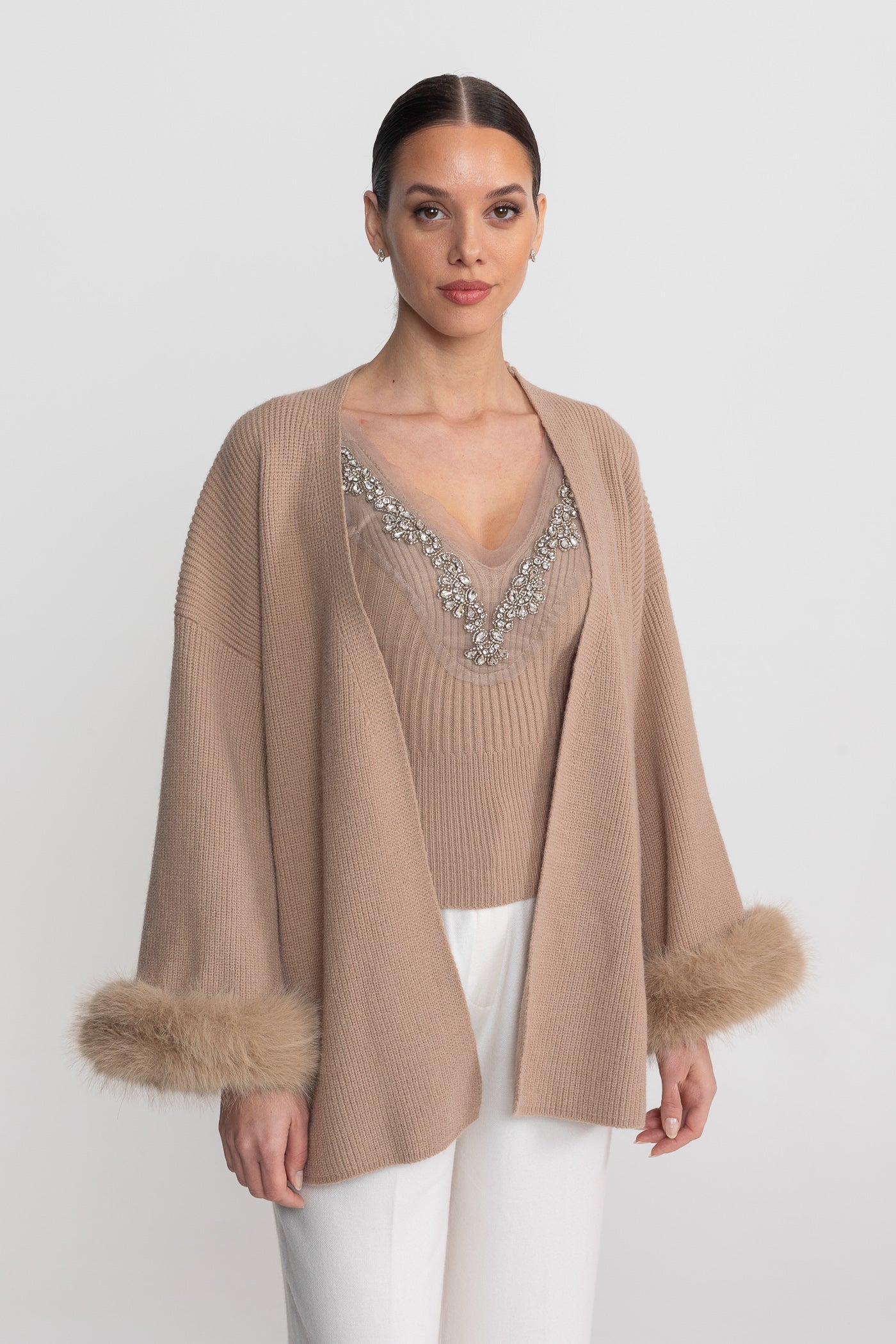 Knit Two Piece Set With Crystal Embellishments And Trim Cuffs - Beige