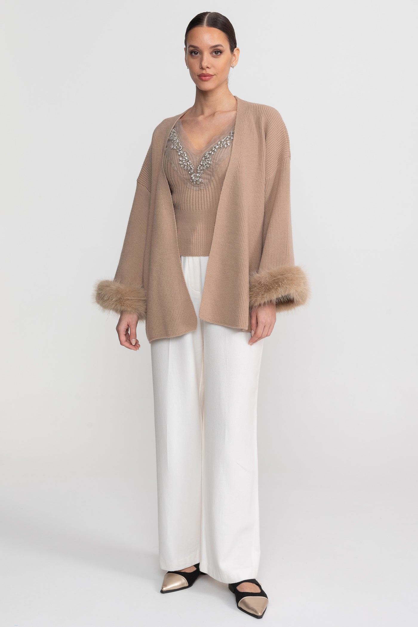 Knit Two Piece Set With Crystal Embellishments And Trim Cuffs - Beige