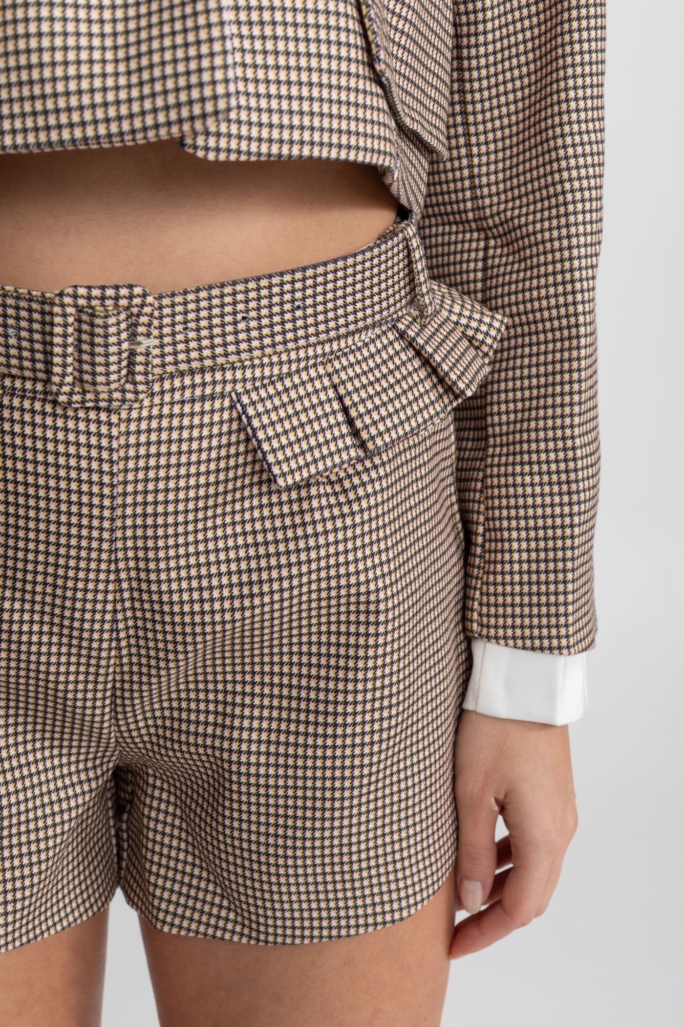 Checked Tailored Co-Ord Set with Statement Bow Detail Beige