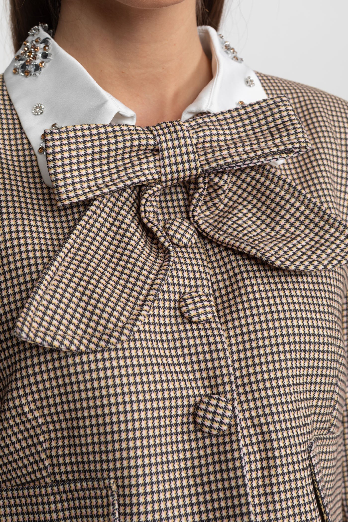Checked Tailored Co-Ord Set with Statement Bow Detail Beige