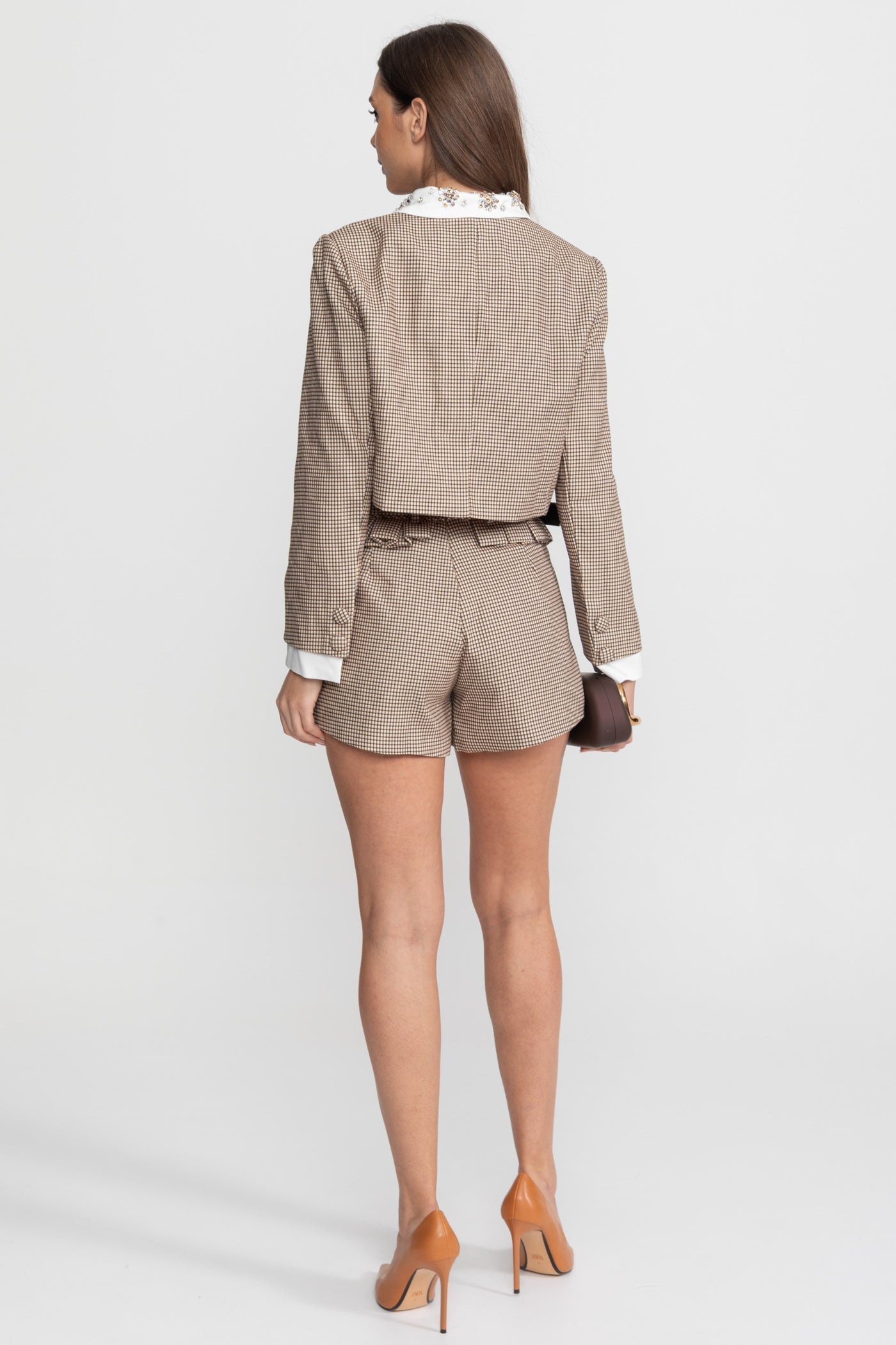 Checked Tailored Co-Ord Set with Statement Bow Detail Beige
