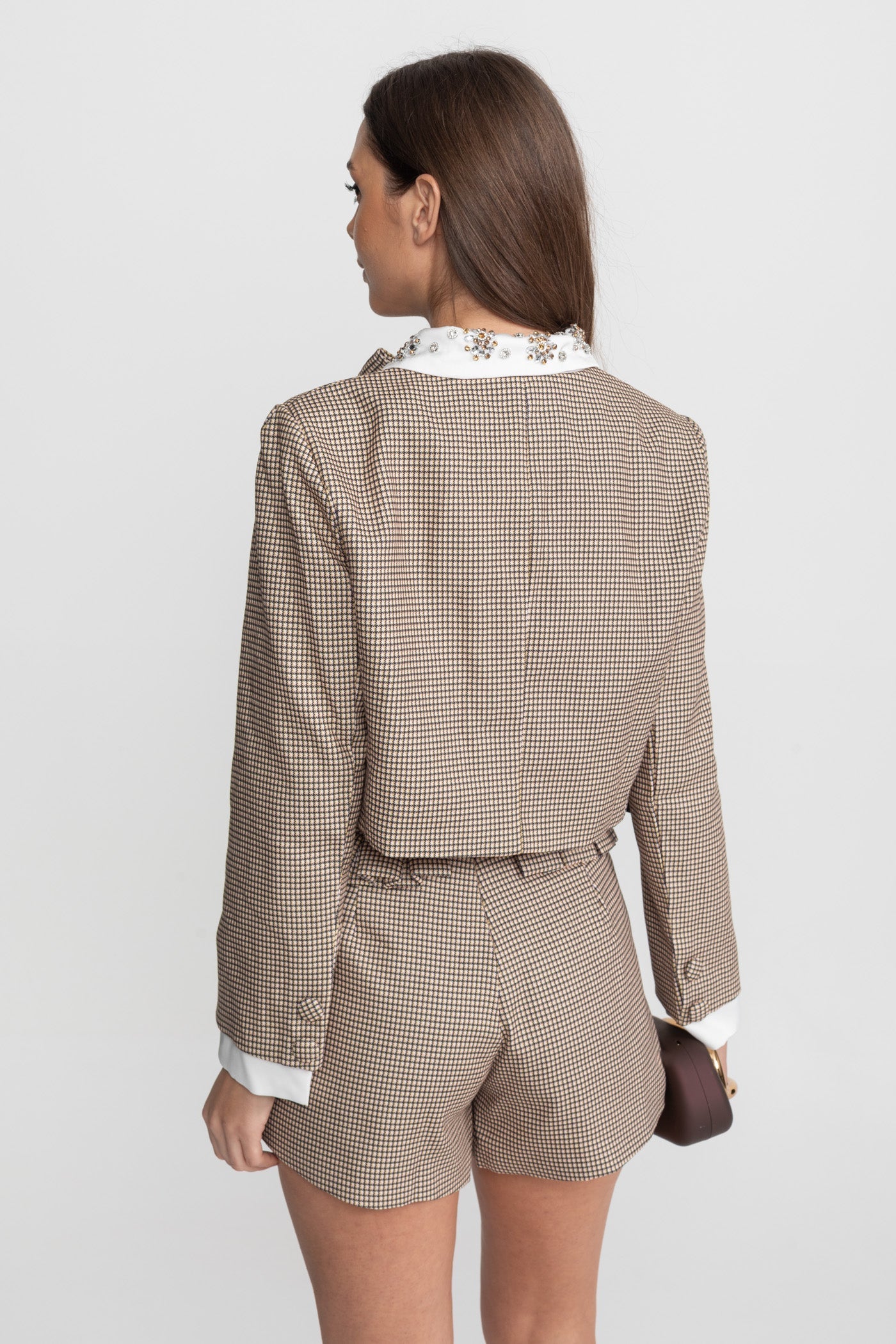 Checked Tailored Co-Ord Set with Statement Bow Detail Beige