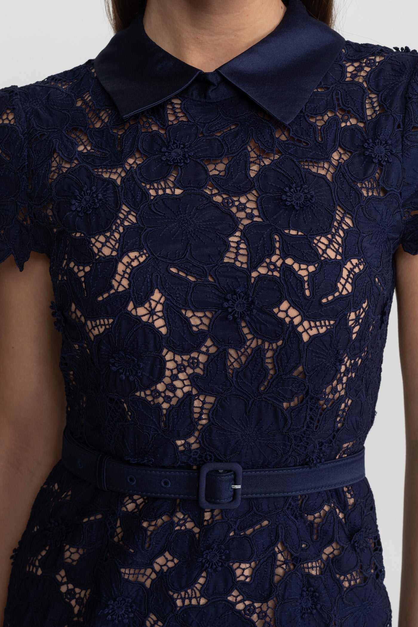 Lace Midi Dress with Belted Waist and Collared Neckline Navy
