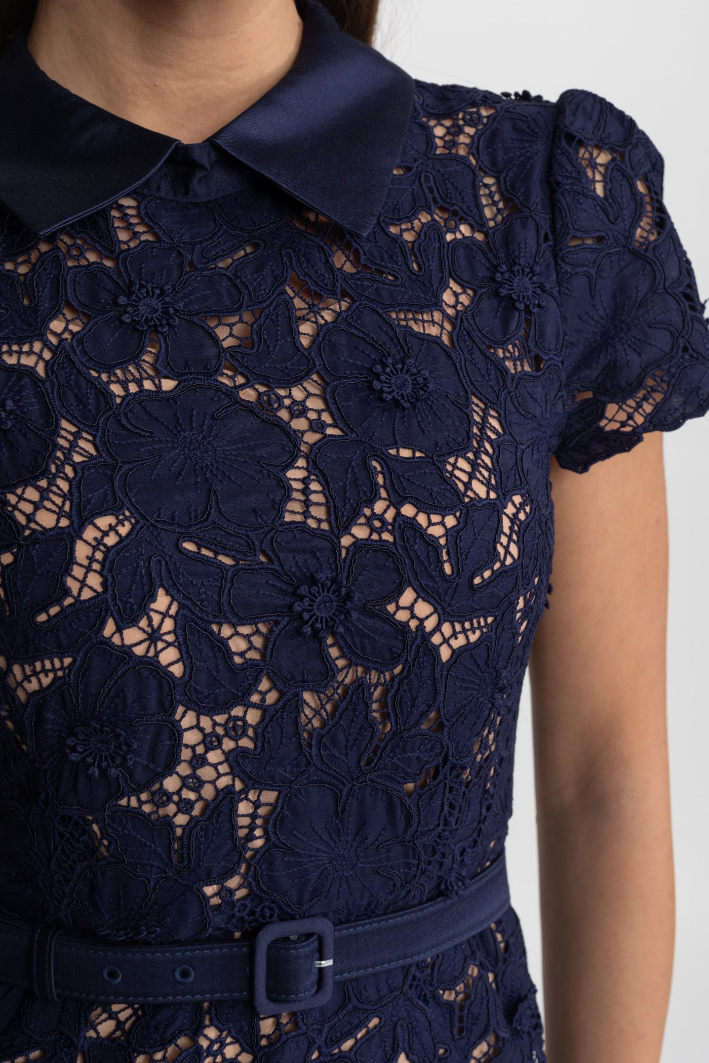 Lace Midi Dress with Belted Waist and Collared Neckline Navy