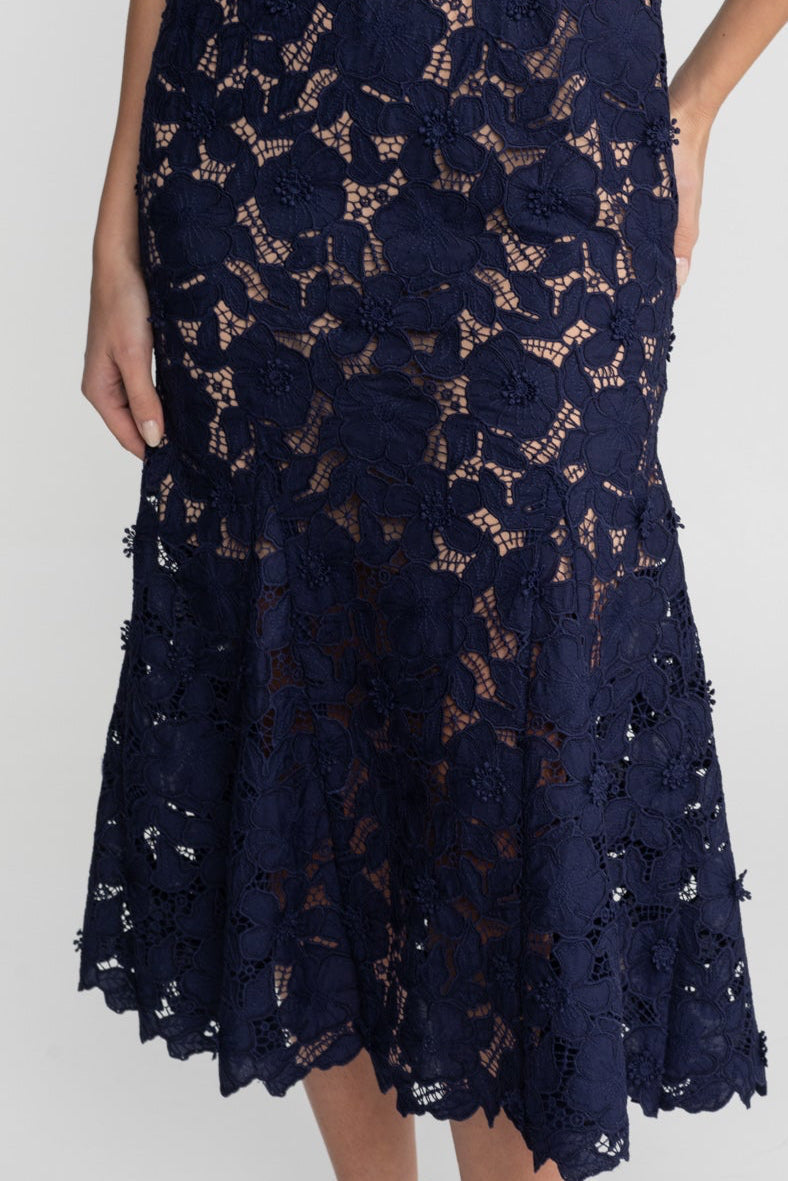 Lace Midi Dress with Belted Waist and Collared Neckline Navy