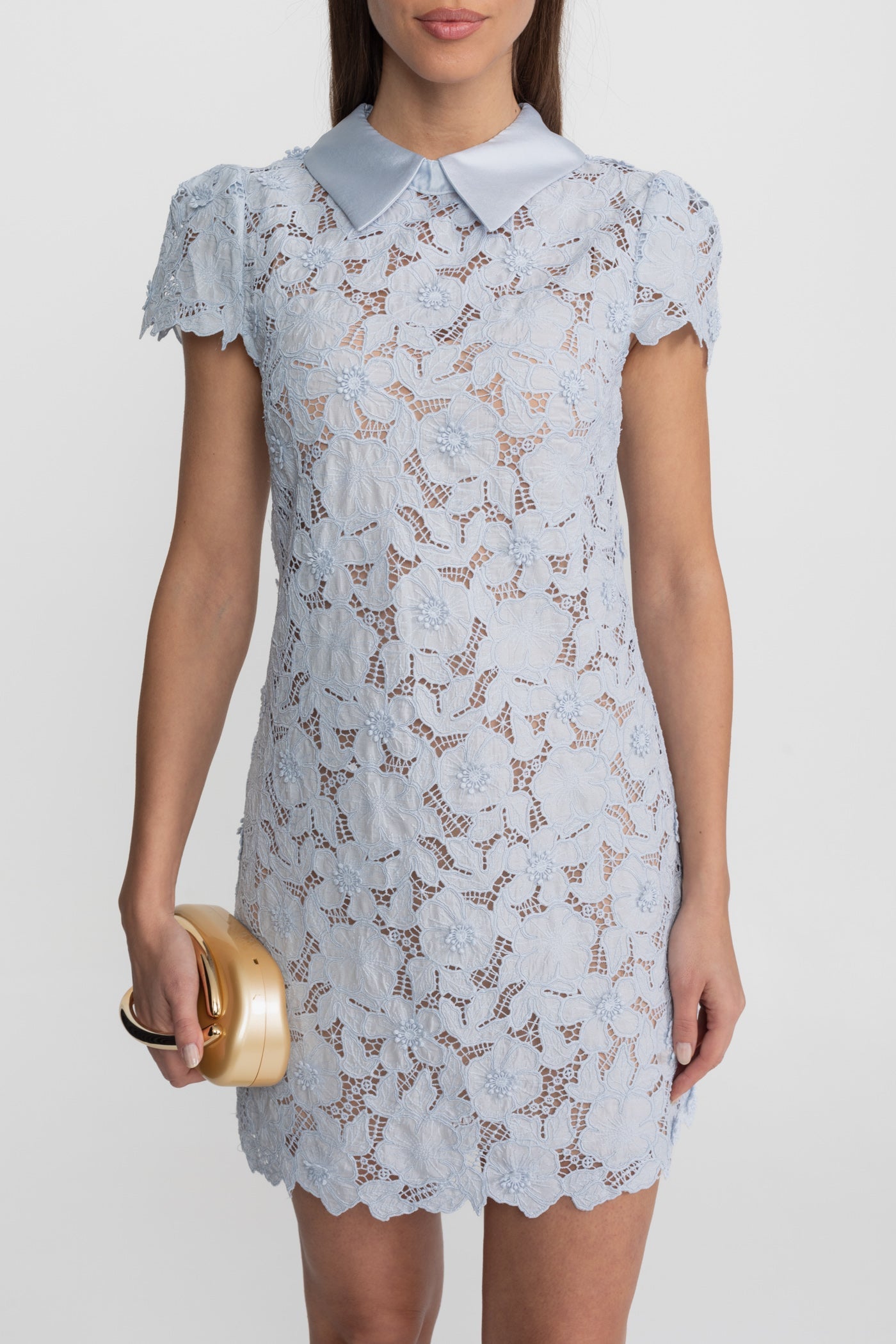 Floral Lace Mini Dress with Satin Collar Light Blue
