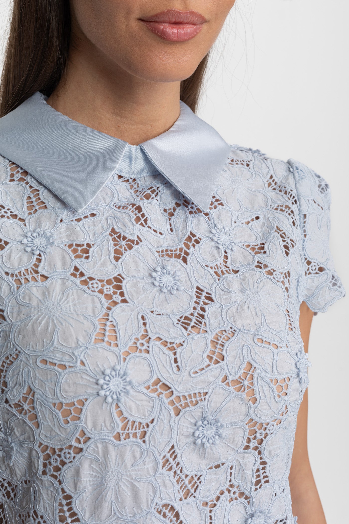 Floral Lace Mini Dress with Satin Collar Light Blue