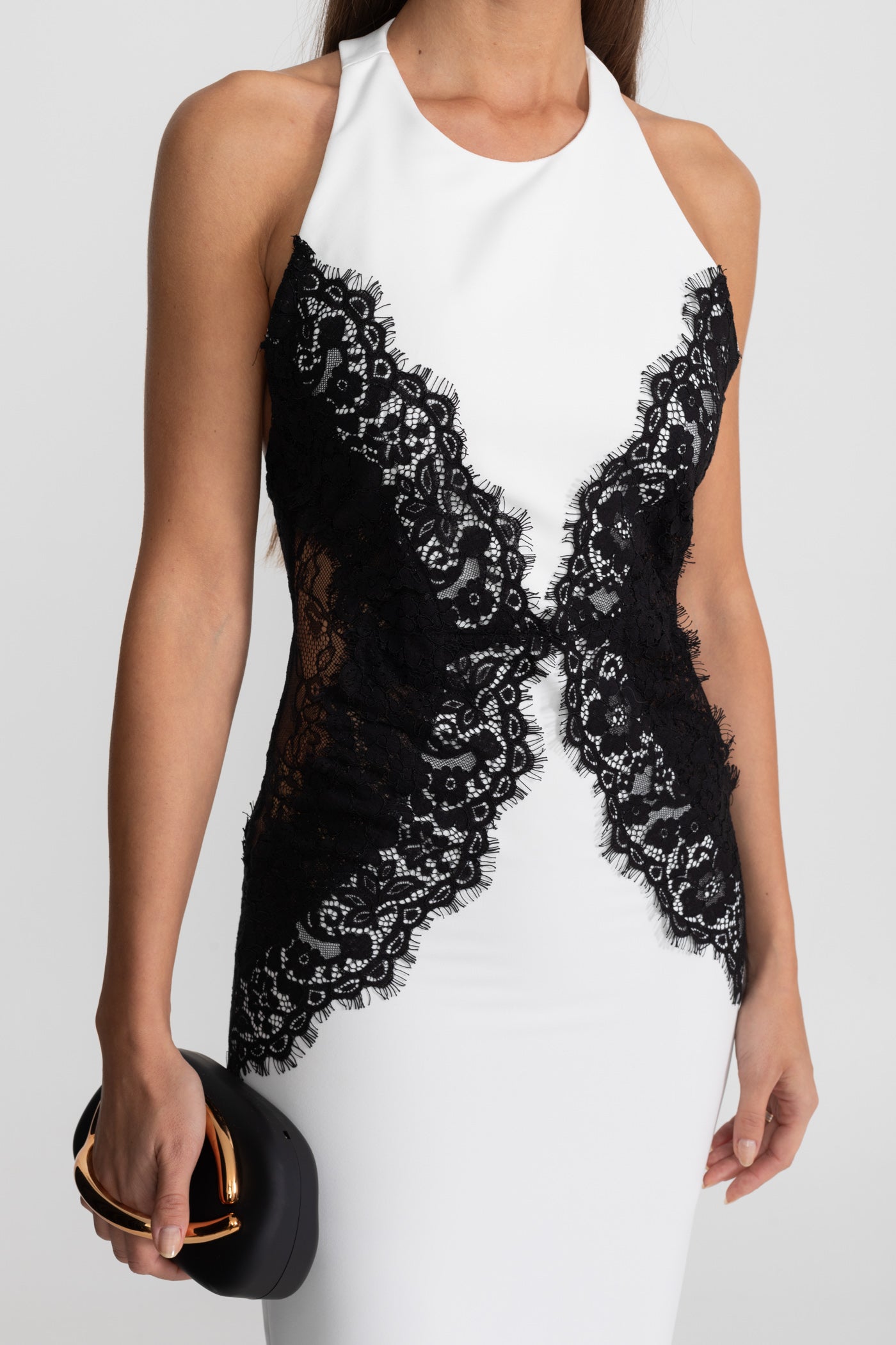Halter Maxi Dress with Contrast Lace Panels White