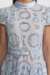 Floral Lace Midi Dress with Belted Waist Light Blue
