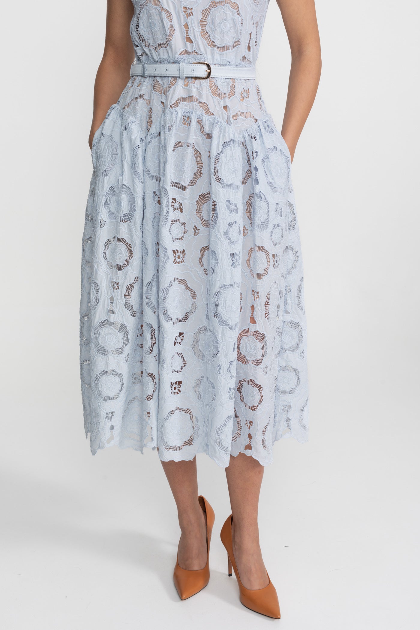 Floral Lace Midi Dress with Belted Waist Light Blue