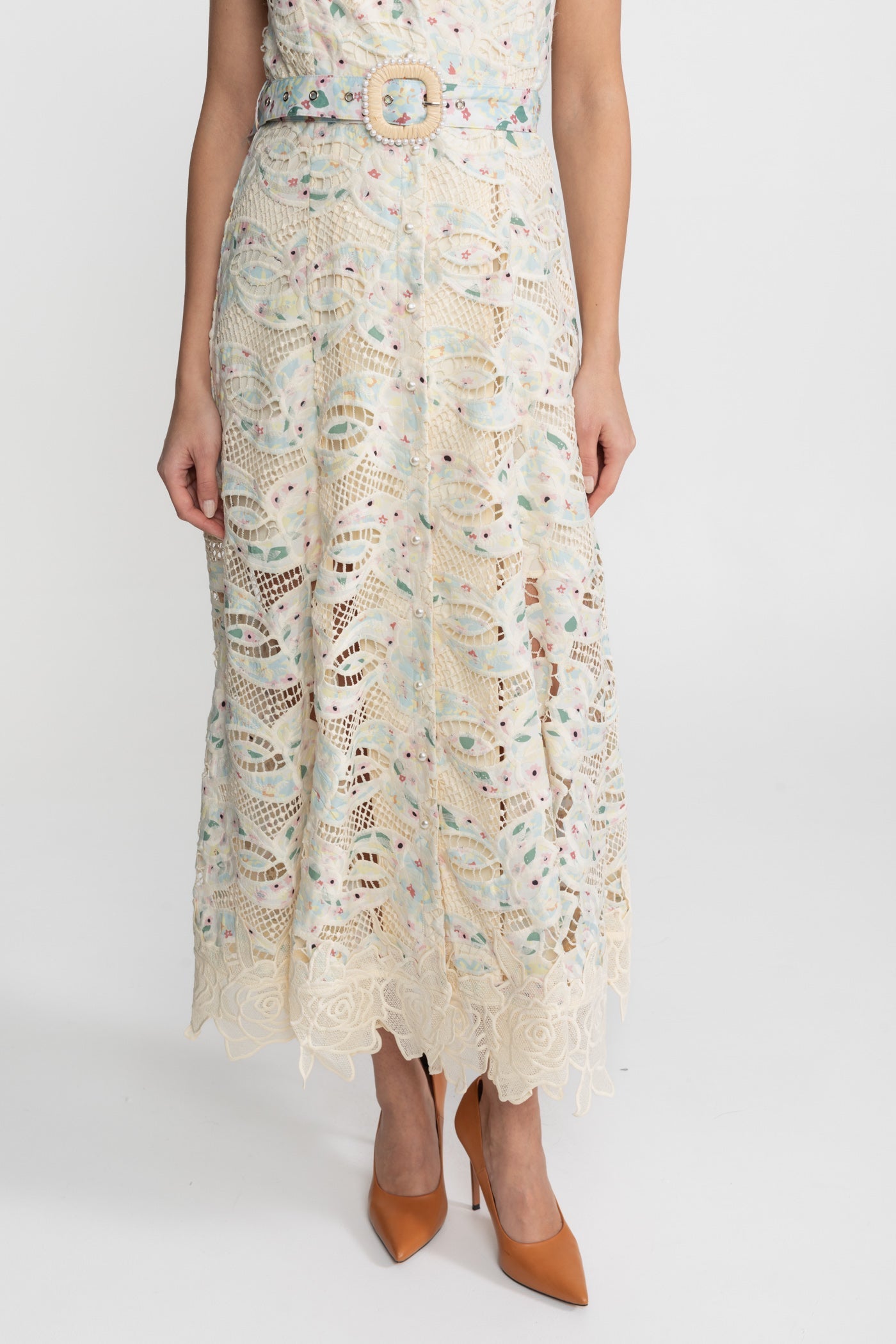 Halter Lace Midi Dress with Belted Waist Ivoire