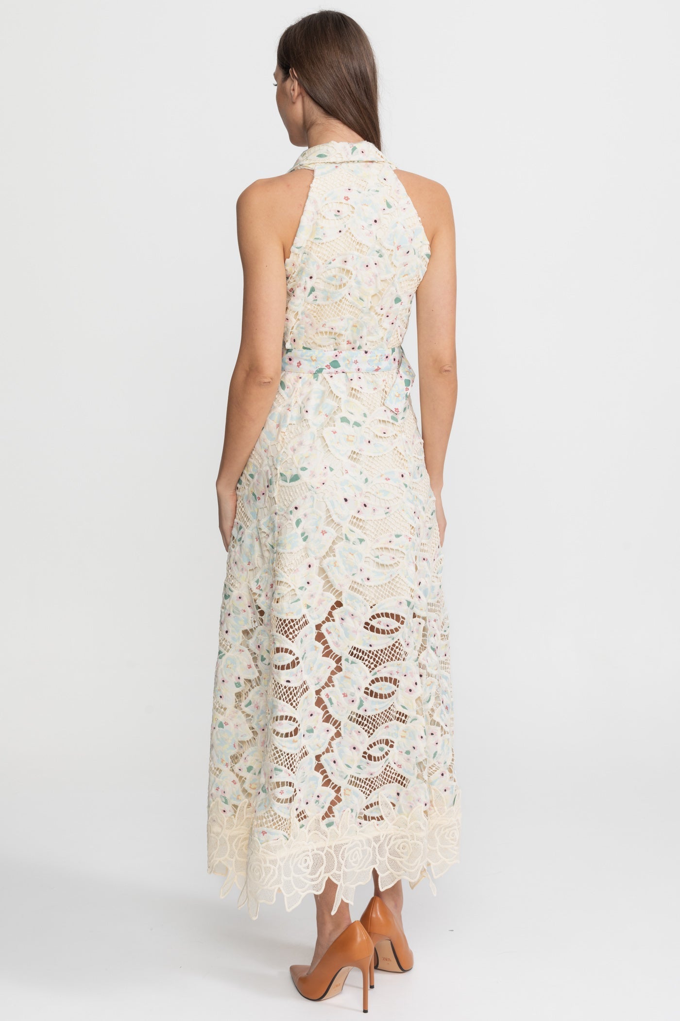 Halter Lace Midi Dress with Belted Waist Ivoire