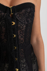 Strapless Lace Corset Top with Boning and Front Closure - Black