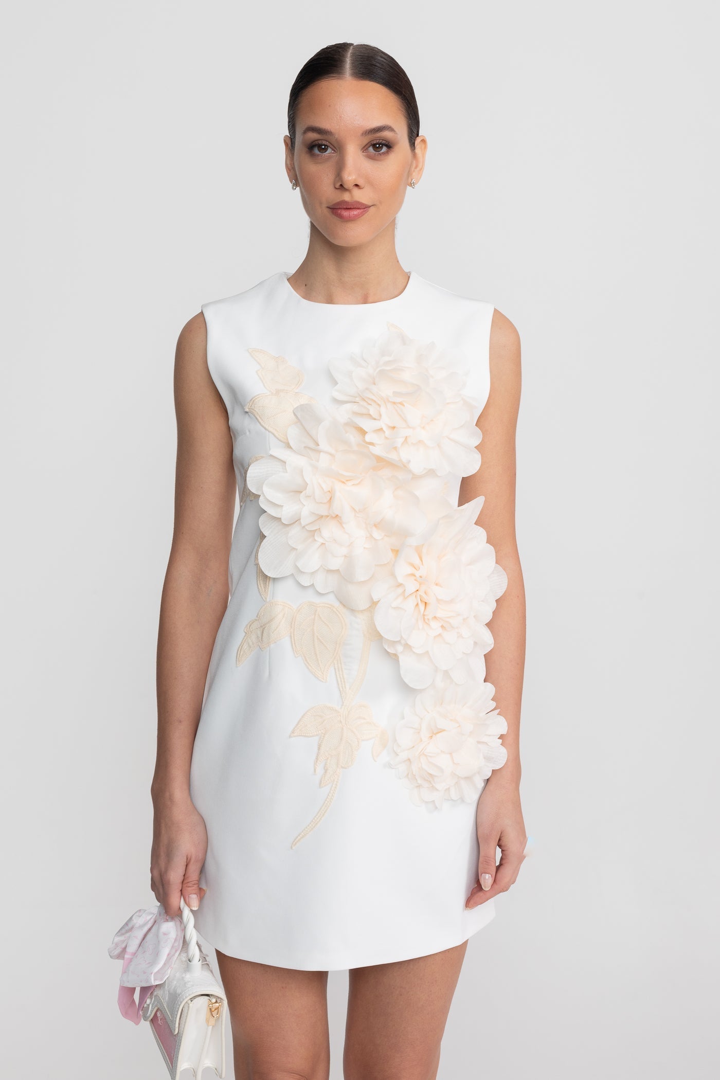 Sleeveless Mini Dress With Round Neckline And 3D Floral Appliqu - White