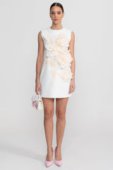 Sleeveless Mini Dress With Round Neckline And 3D Floral Appliqu - White