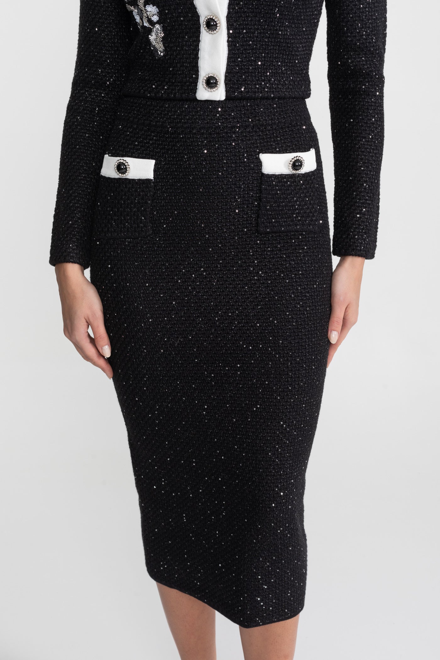 Embroidered Tweed Knit Co-Ord Set with Contrast Trim Black