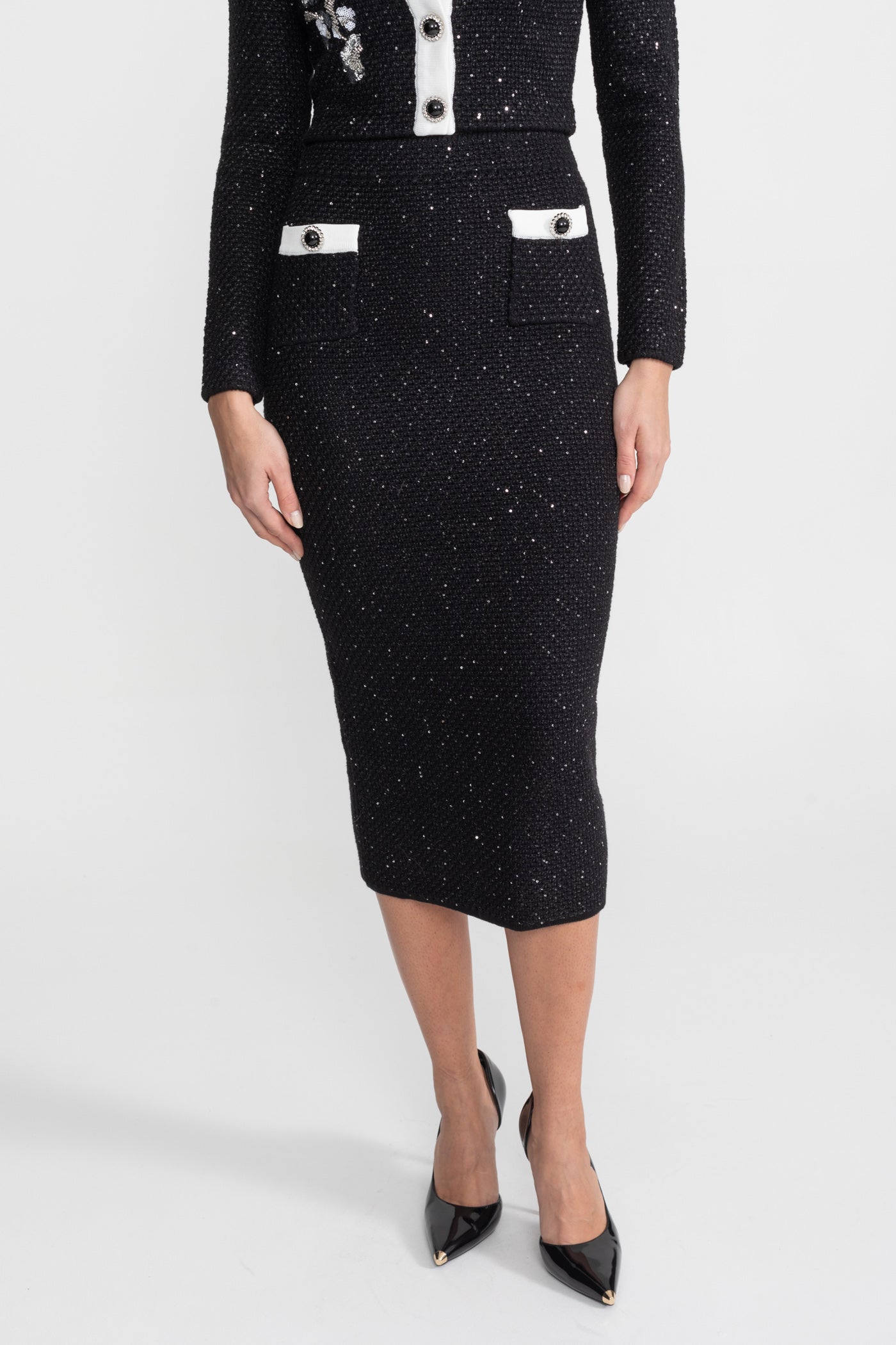 Embroidered Tweed Knit Co-Ord Set with Contrast Trim Black
