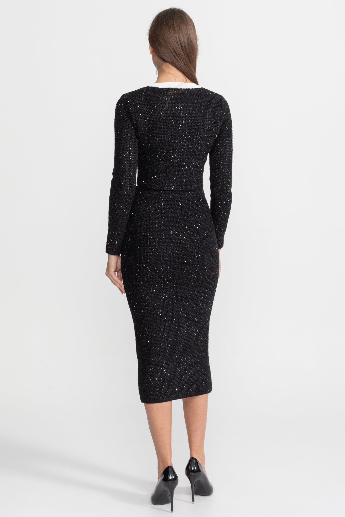 Embroidered Tweed Knit Co-Ord Set with Contrast Trim Black