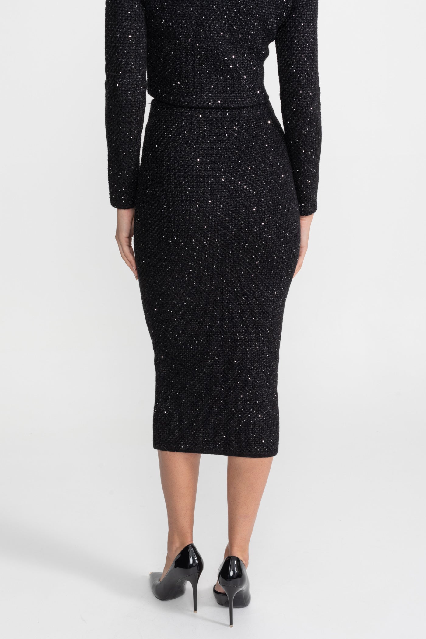 Embroidered Tweed Knit Co-Ord Set with Contrast Trim Black