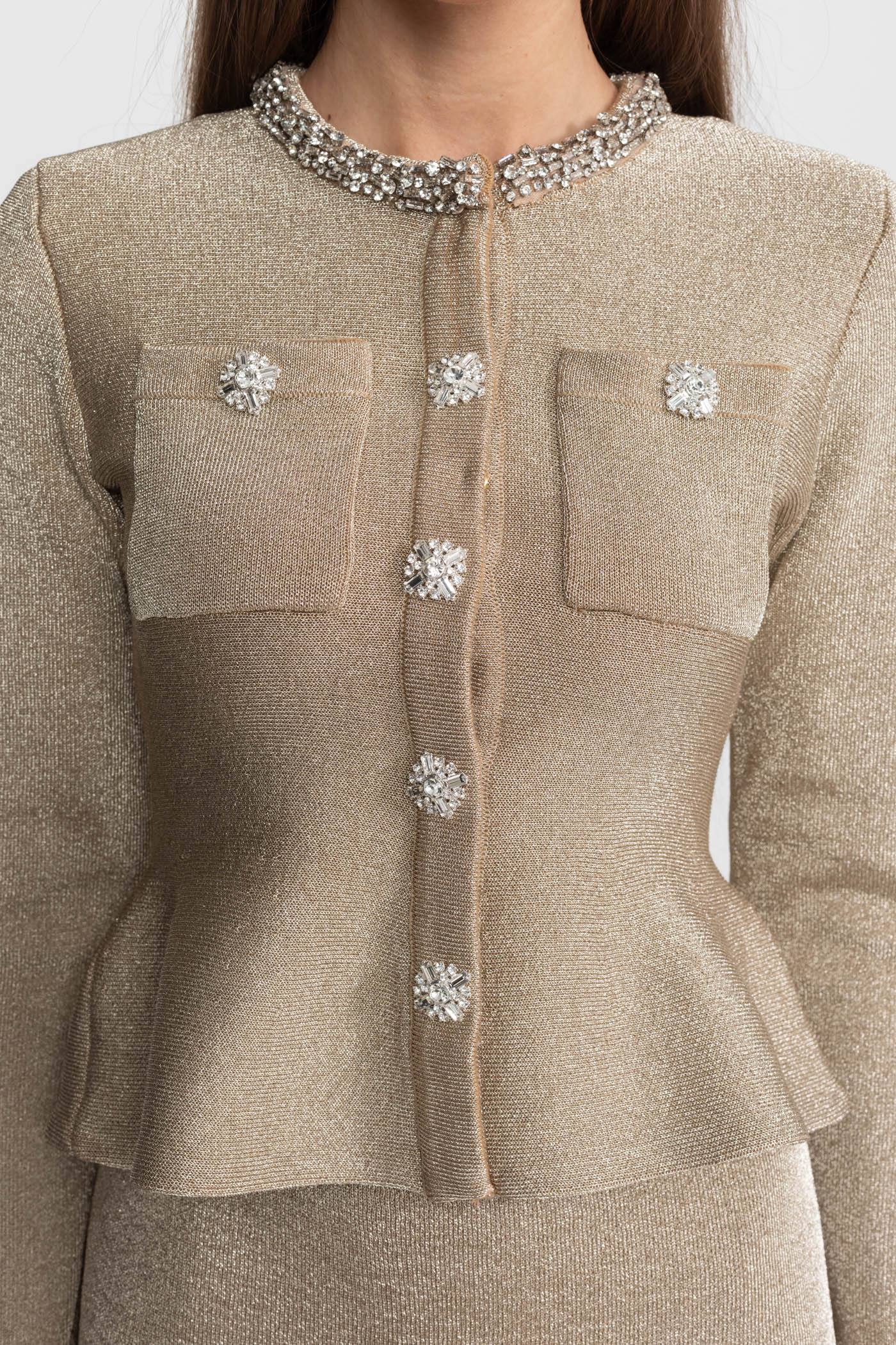 Shimmer Knit Dress with Crystal Button Accents Champagne