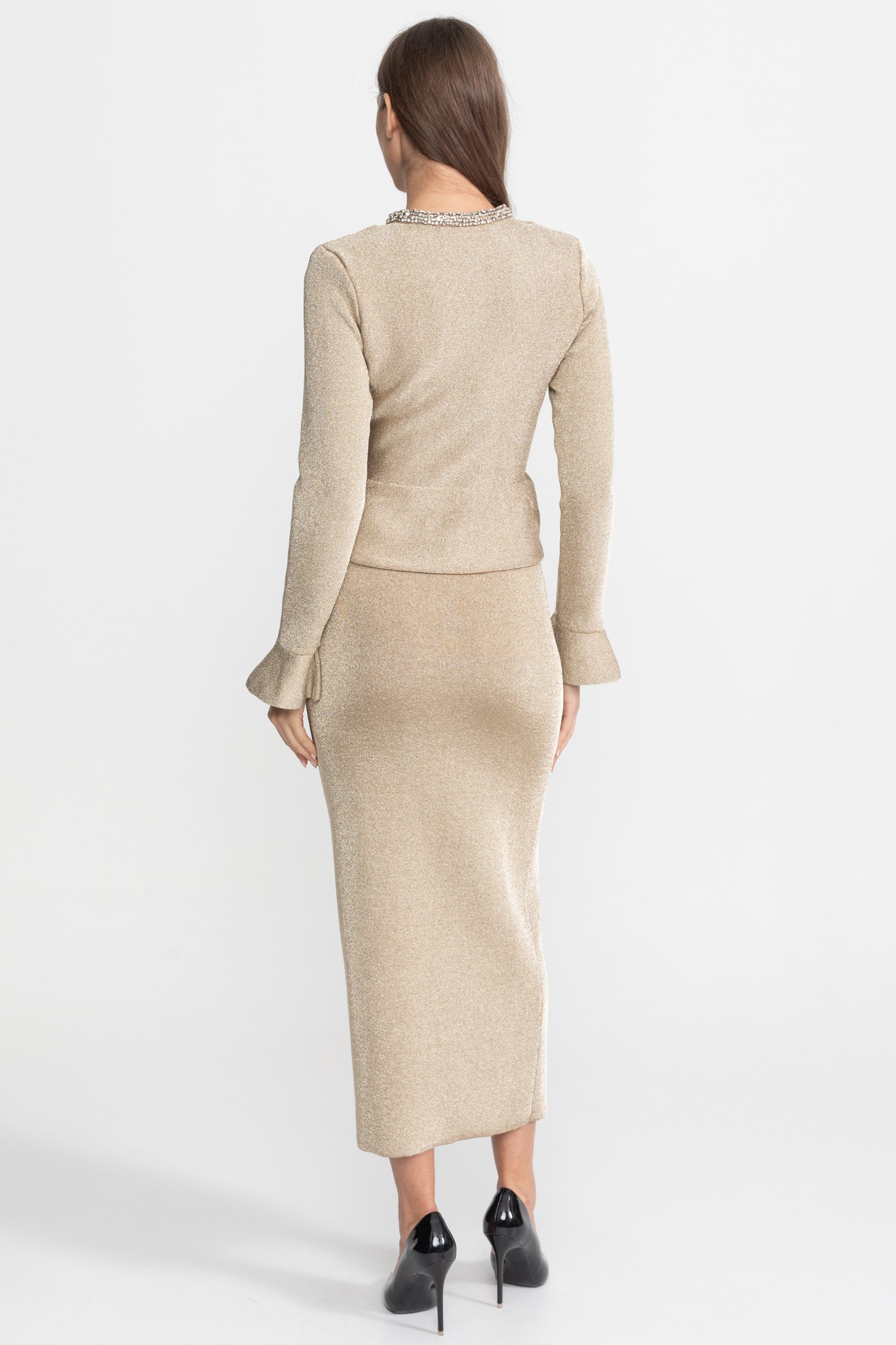 Shimmer Knit Dress with Crystal Button Accents Champagne